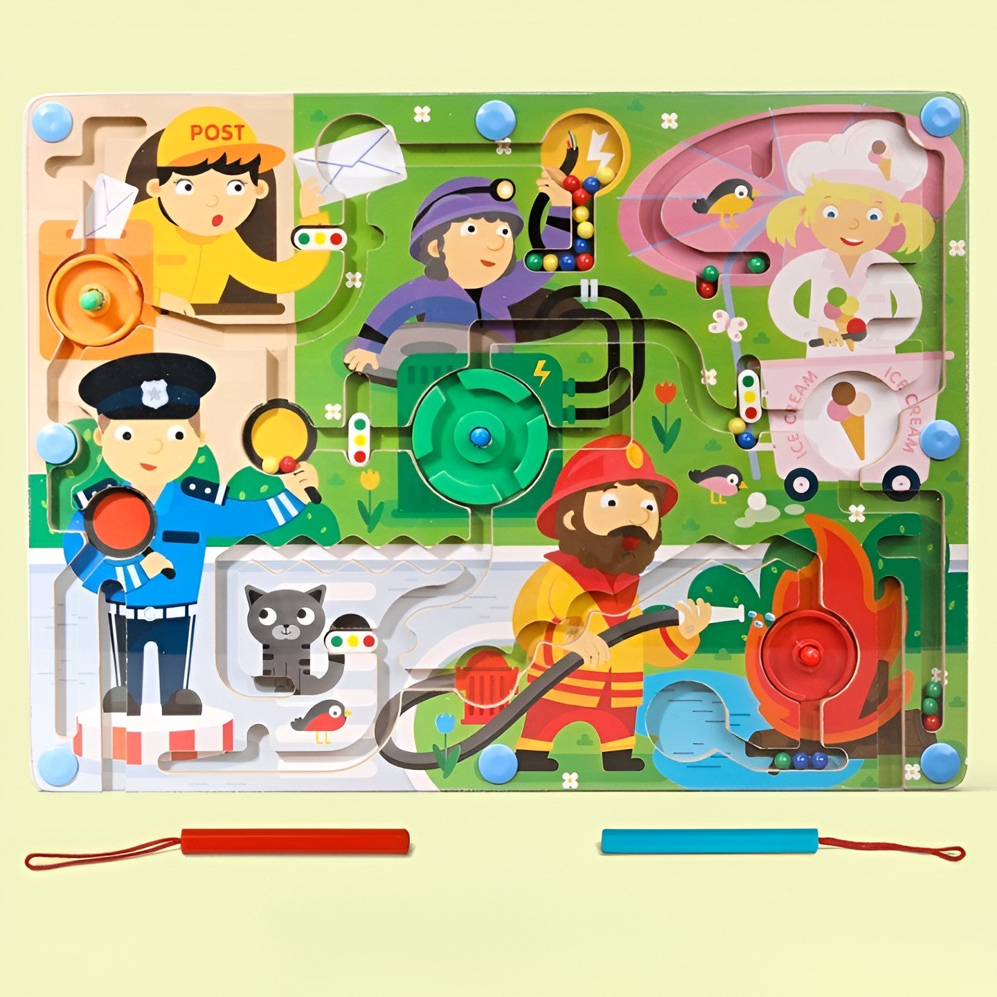 Joc Montessori de Sortare Culori, Klevo, Creion Magnetic, Tip Labirint Ilustrat, din Lemn, Model Meserii, 39x29x1.5 cm