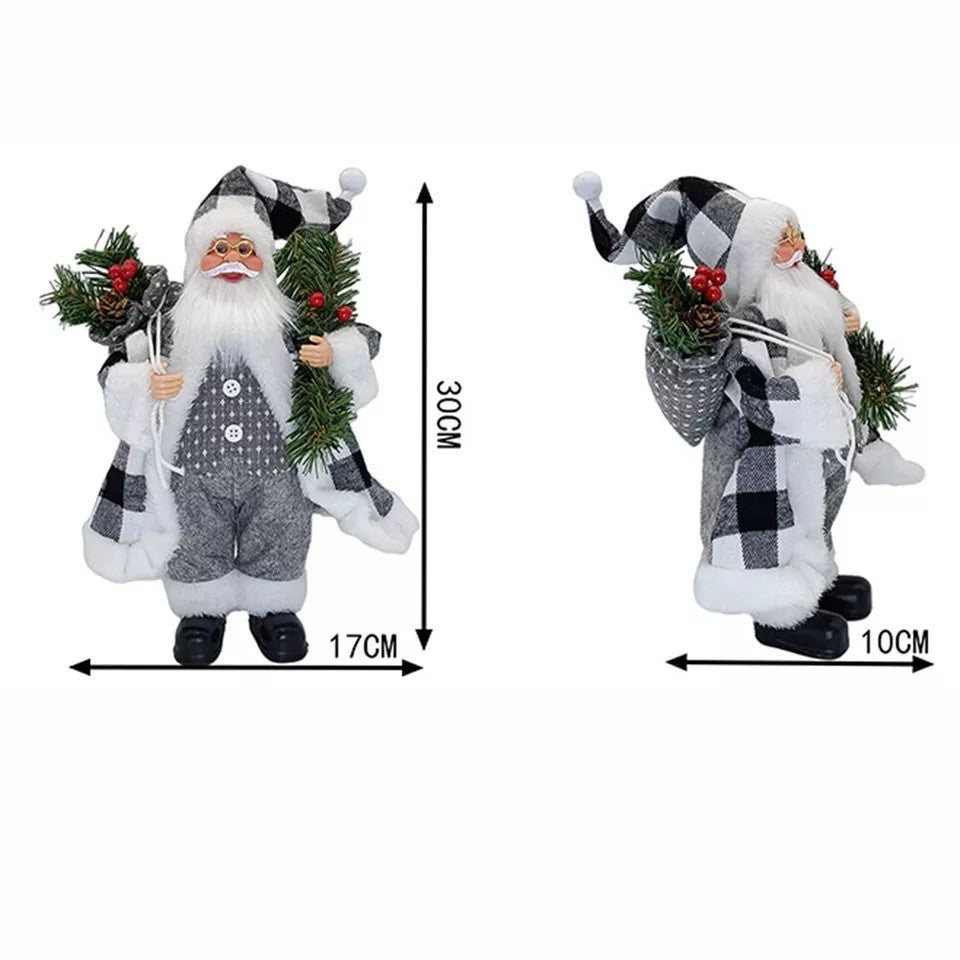 Figurina Decorativa Craciun, Klevo, Mos Craciun cu Crenguta de Brad, 30 x 10 x 17 cm, Material Plastic+Textil, Interior/Exterior, Alb/Gri