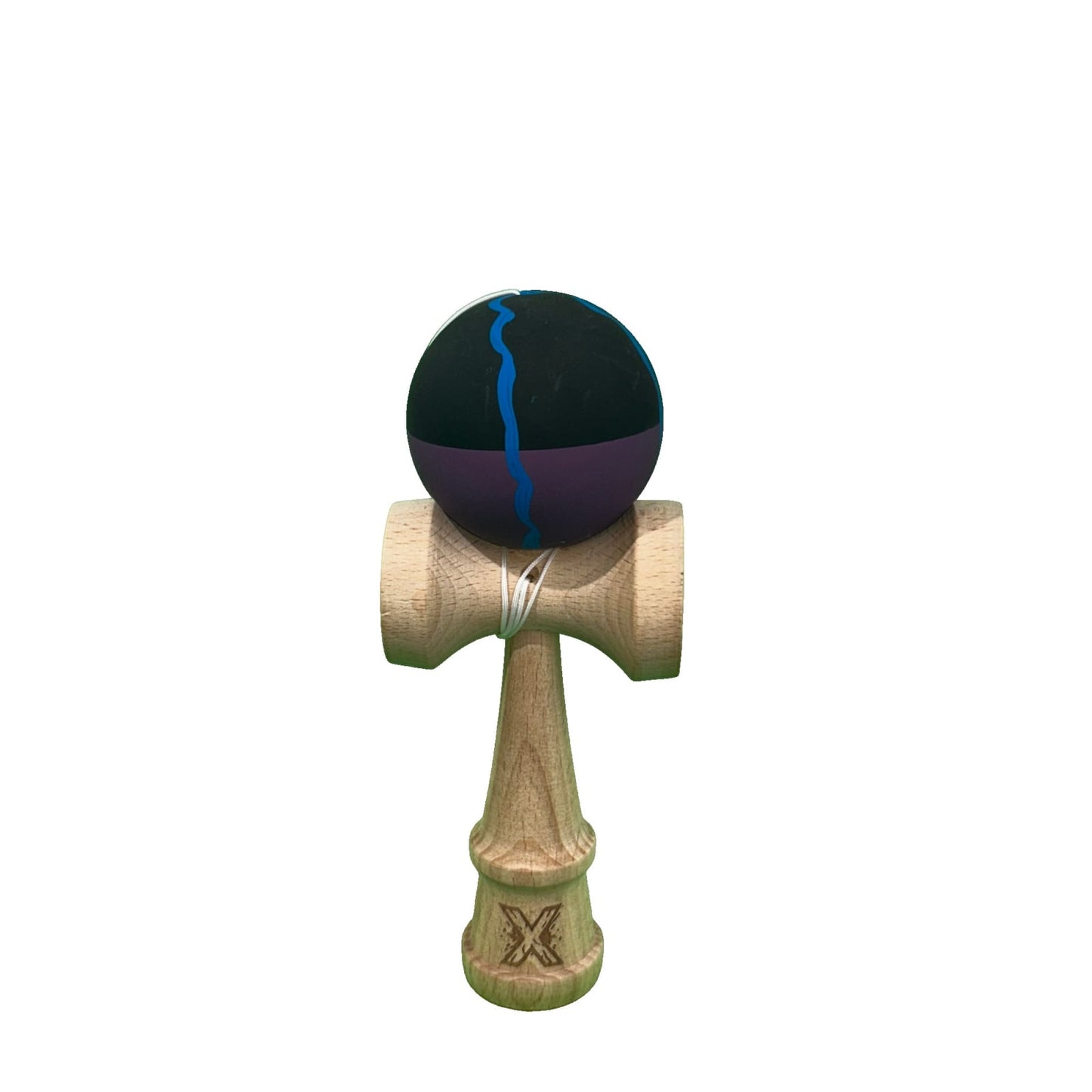 Kendama X Originala, Profesionala, Klevo, din Lemn, Rubber Grip, 18 cm, Negru/Mov/Albastru