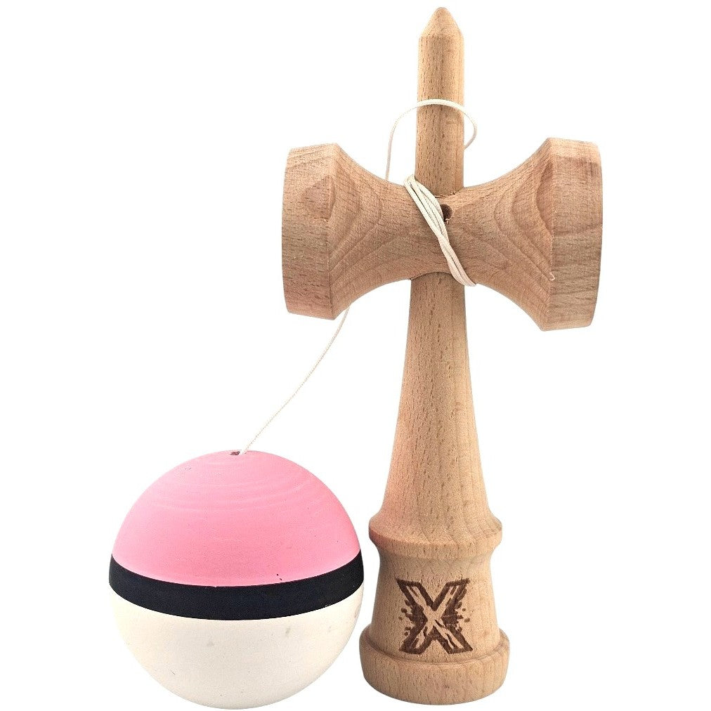 Kendama X Originala, Profesionala, Klevo, din Lemn, 18 cm, Rubber Grip, Roz/Negru/Alb