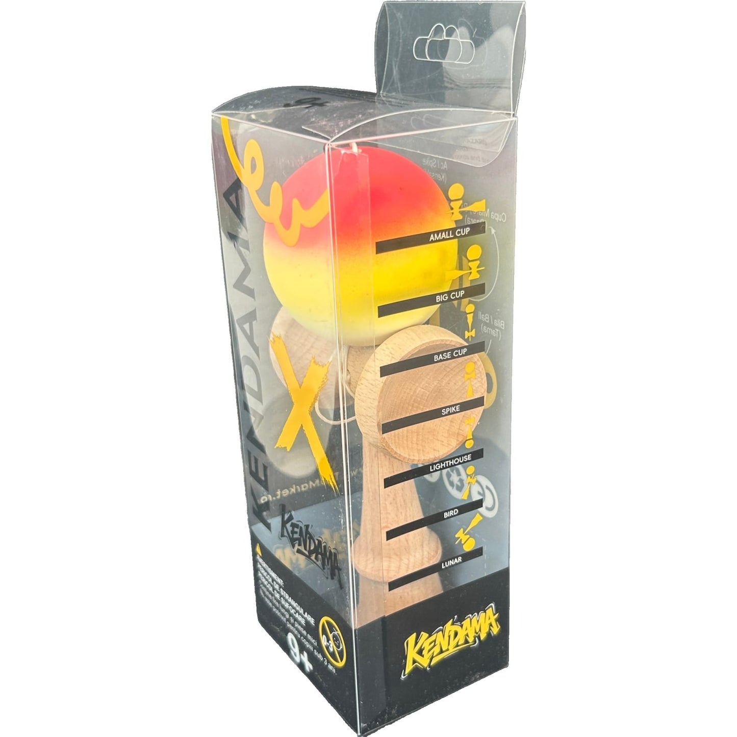 Kendama X Originala, Profesionala, Klevo, din Lemn, Rubber Grip, 18 cm, Gradient Portocaliu/Galben/Alb