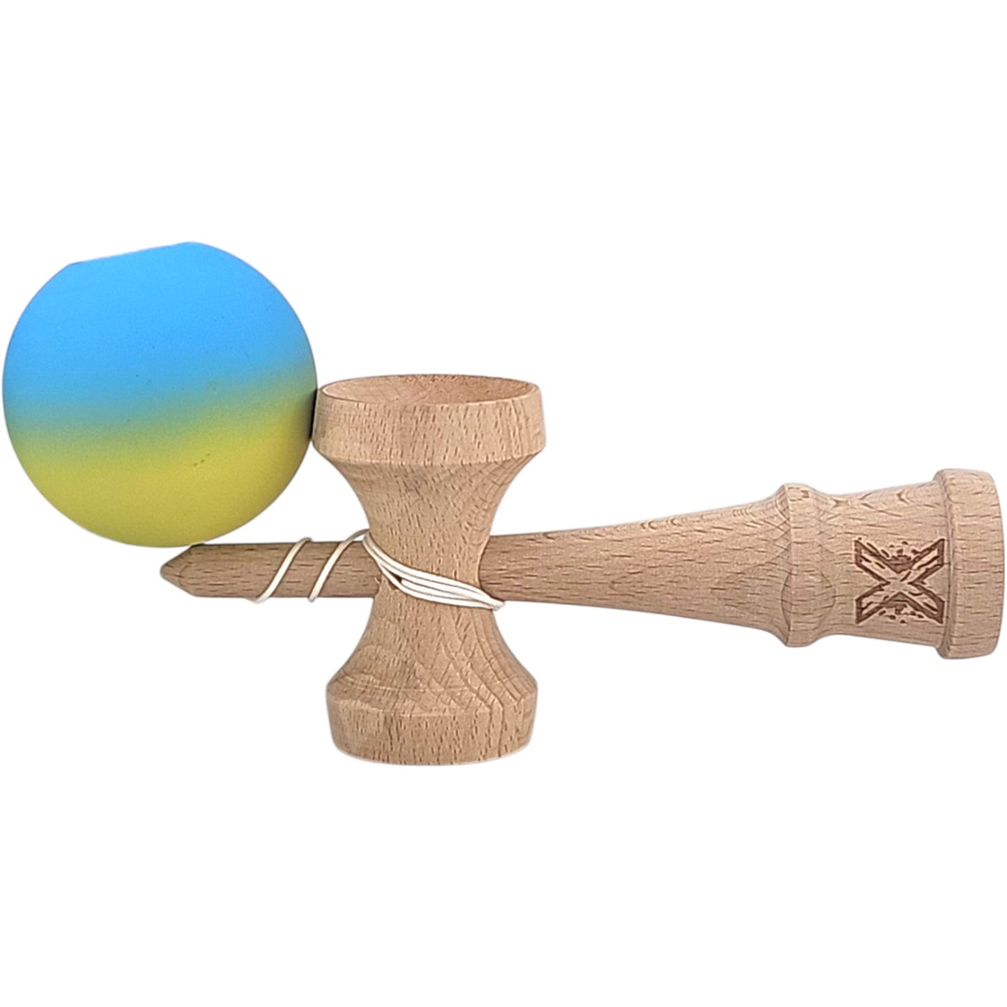 Kendama X Originala, Profesionala, Klevo, 18 cm, Profesionala, +9 Ani, din Lemn, Gradient Galben/Albastru