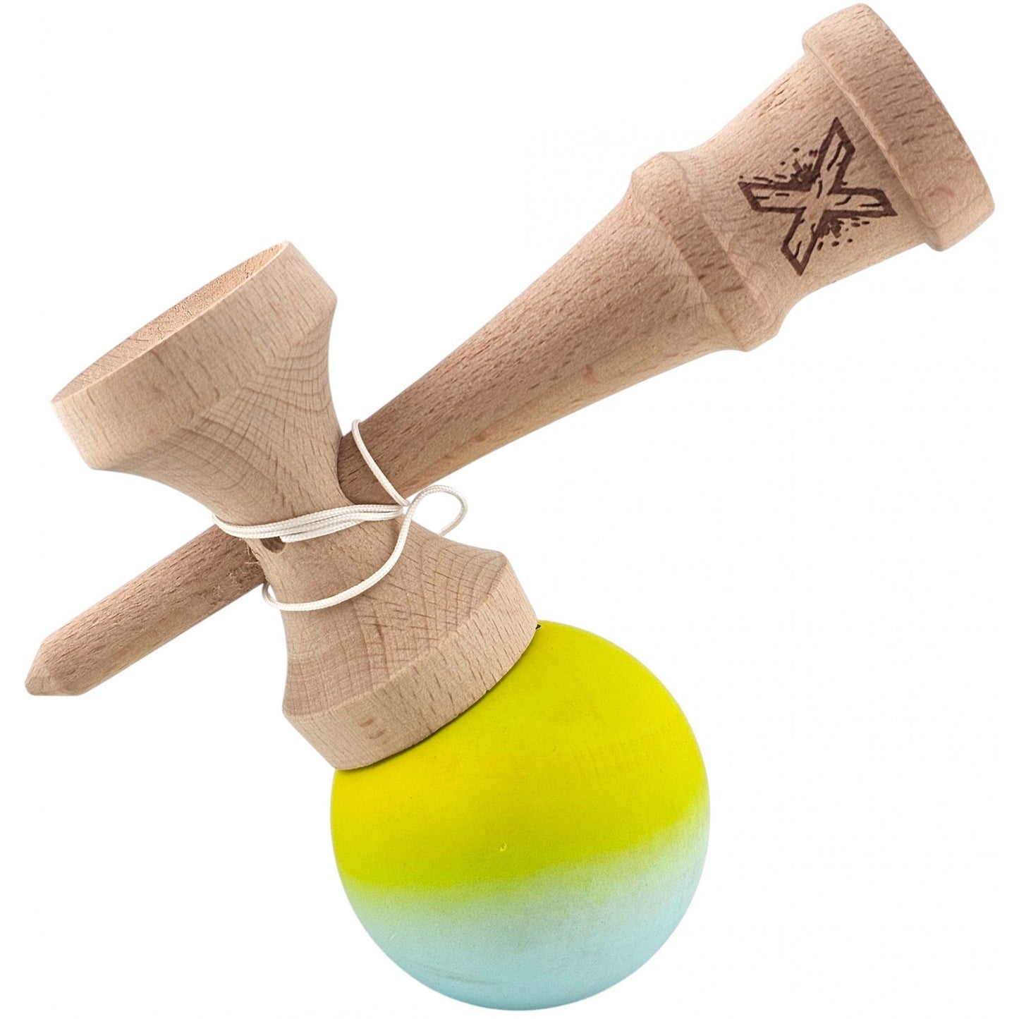 Kendama X Originala, Profesionala, Klevo, din Lemn, Rubber Grip, 18 cm, Galben Verde