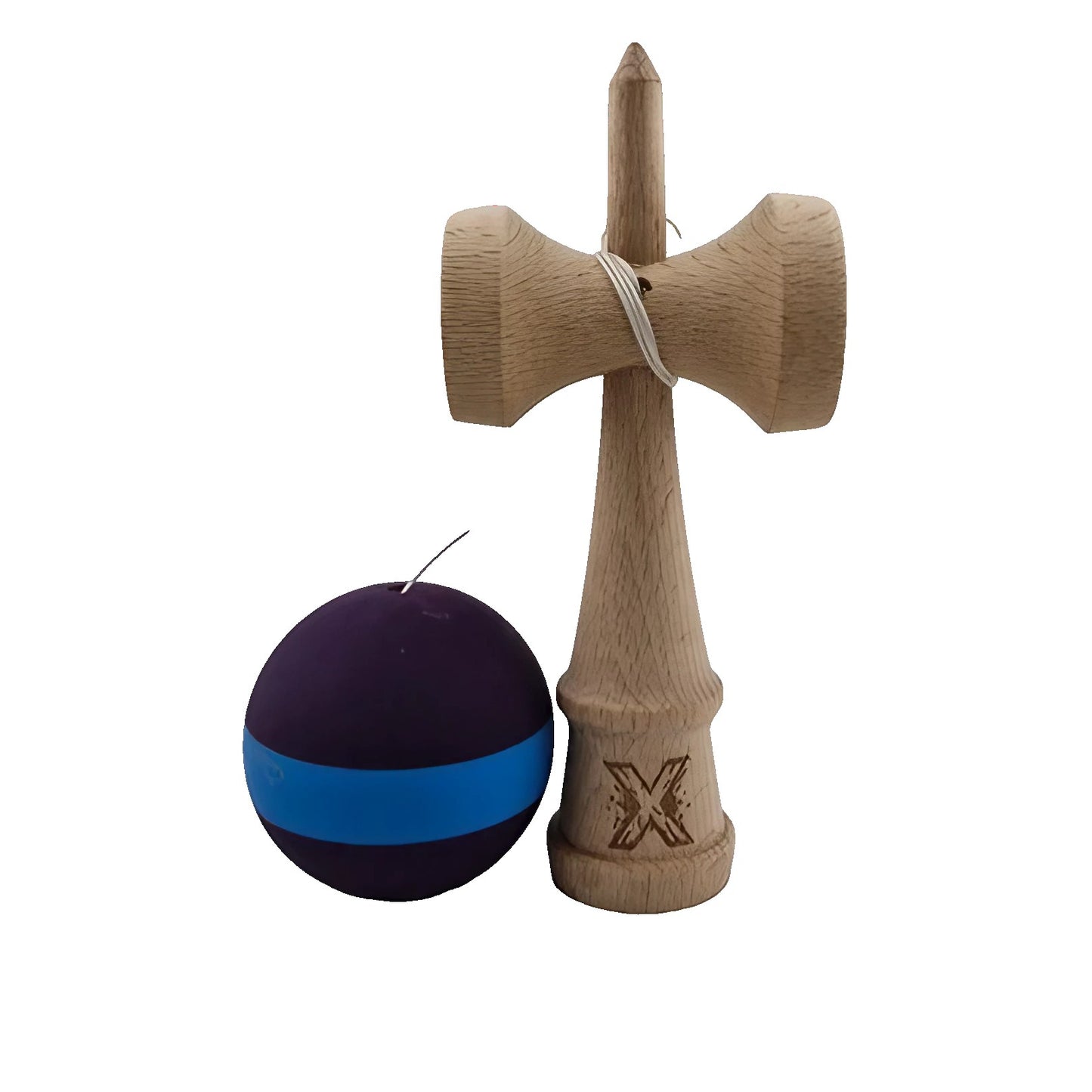 Jucarie Kendama X Originala, Profesionala, Klevo, din Lemn, Rubber Grip, 18 cm, Mov/Albastru