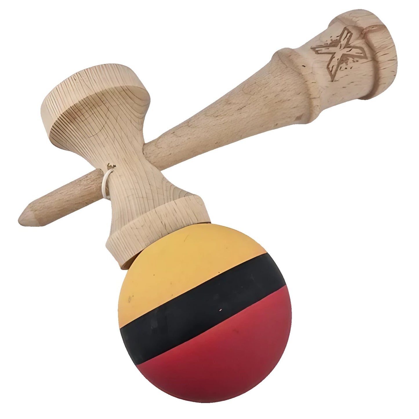 Kendama X Originala, Profesionala, Klevo, din Lemn, Rubber Grip, 18 cm, Rosu/Negru/Galben
