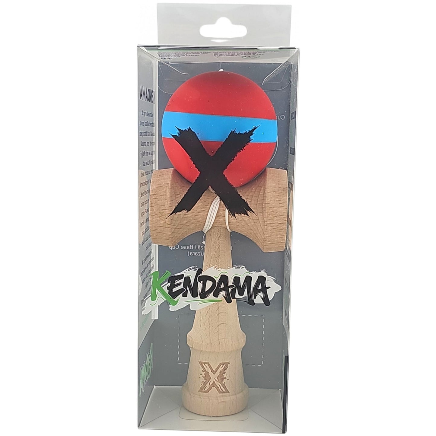 Kendama X Originala, Profesionala, Klevo, 18 cm, din Lemn, Rubber Grip, Rosu/Albastru