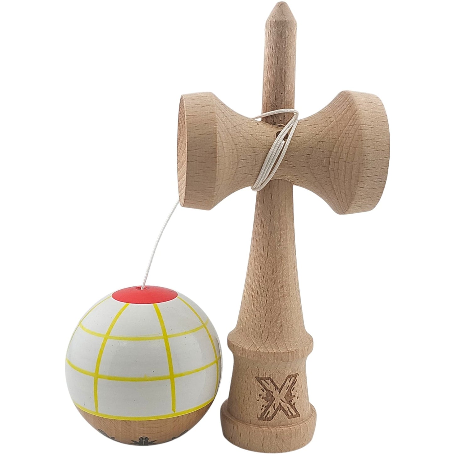 Kendama X Originala, Profesionala, Klevo, din Lemn, Super Sticky, 18 cm, Alb/Galben/Rosu