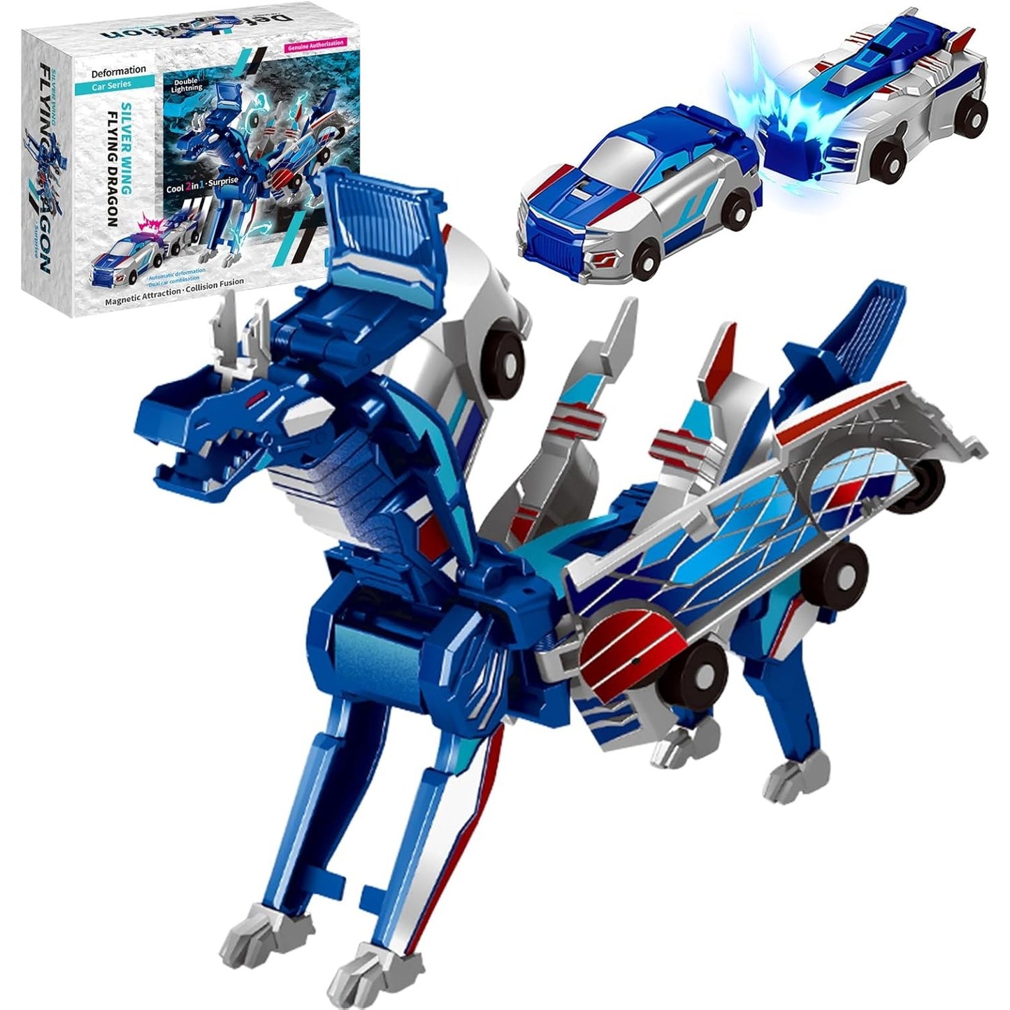 Jucarie Transformabila 2in1, Klevo, Silver Wing Flying Dragon, Masina/Dragon, Atractie Magnetica, +6 Ani, din ABS, Albastru