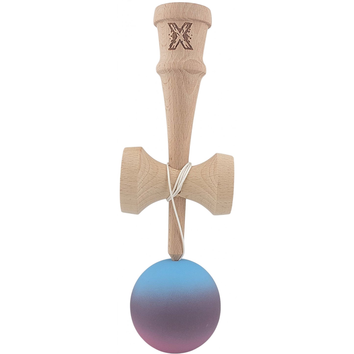 Kendama X Originala, Profesionala, Klevo, din Lemn, 18 cm, Rubber Grip, Gradient Albastru deschis/Mov/Roz