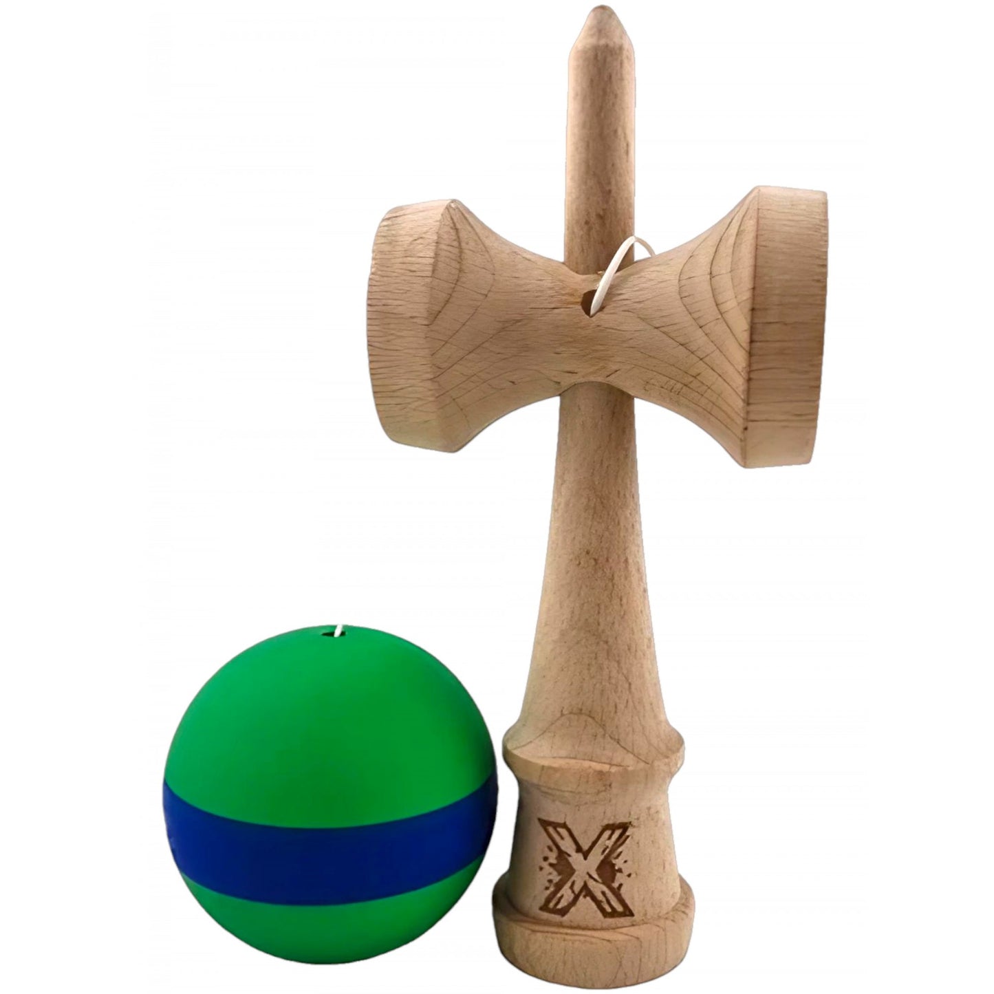 Kendama X Originala, Profesionala, Klevo, 18 cm, din Lemn, Rubber Grip, Verde/Albastru