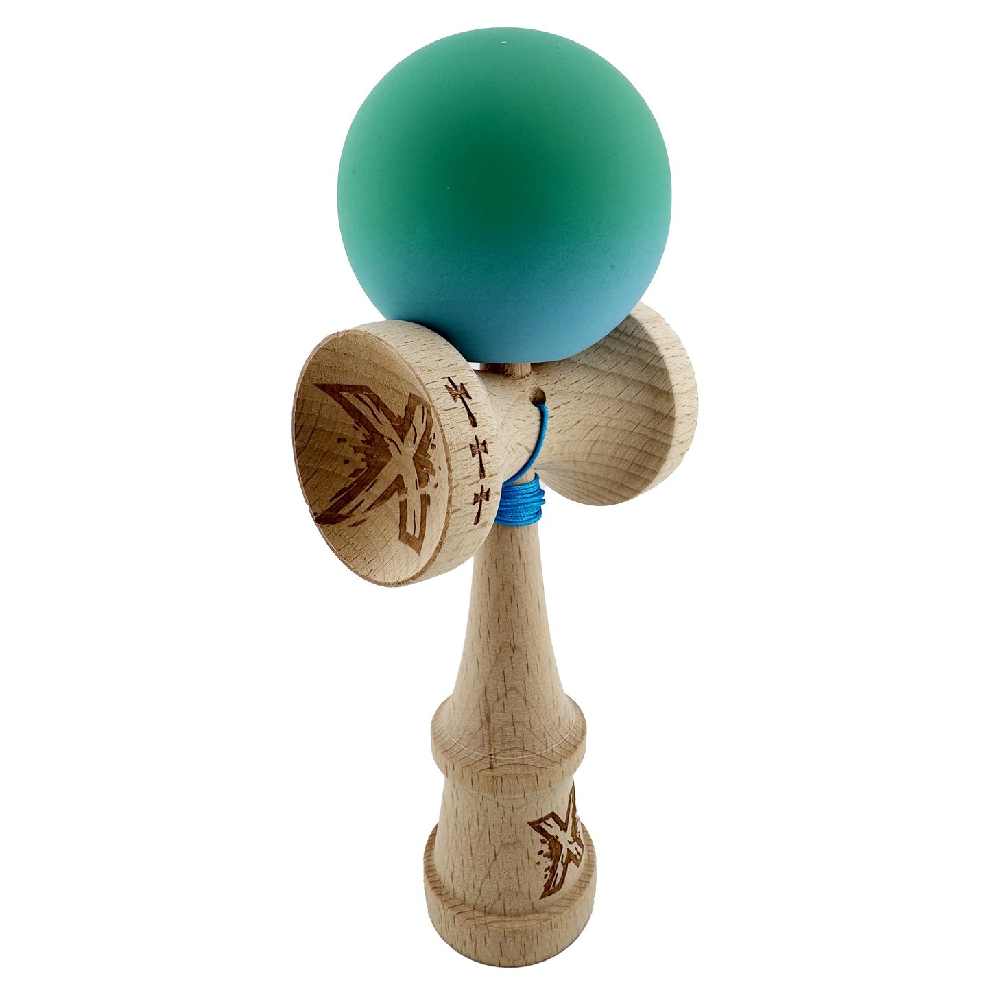 Kendama X Originala, Profesionala, Klevo, Big Cups V2, Rubber Grip cu Cupe Mari, Rulment Metalic cu Ata 55 cm, Verde/Albastru