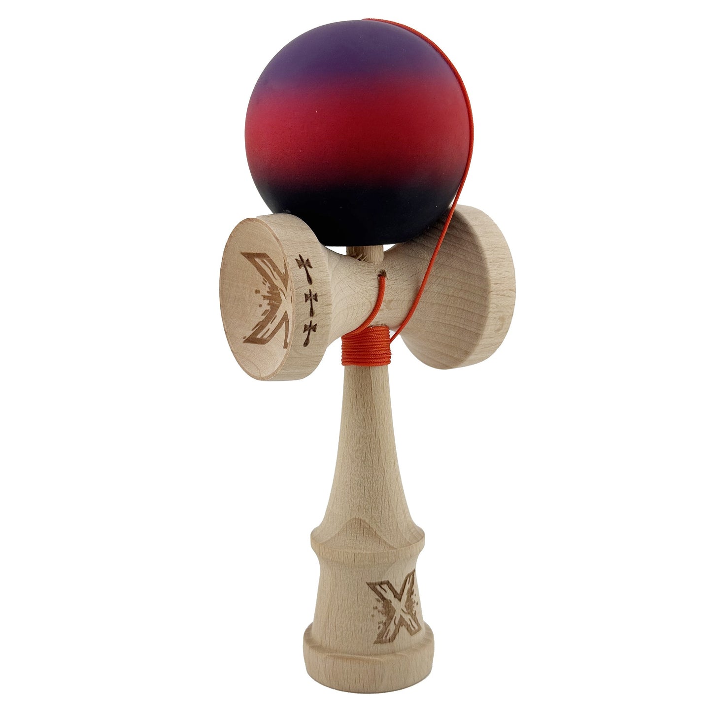 Kendama X Originala, Profesionala, Klevo, Big Cups V2, Rubber Grip cu Cupe Mari, Rulment Metalic cu Ata 55 cm, Mov/Rosu/Negru
