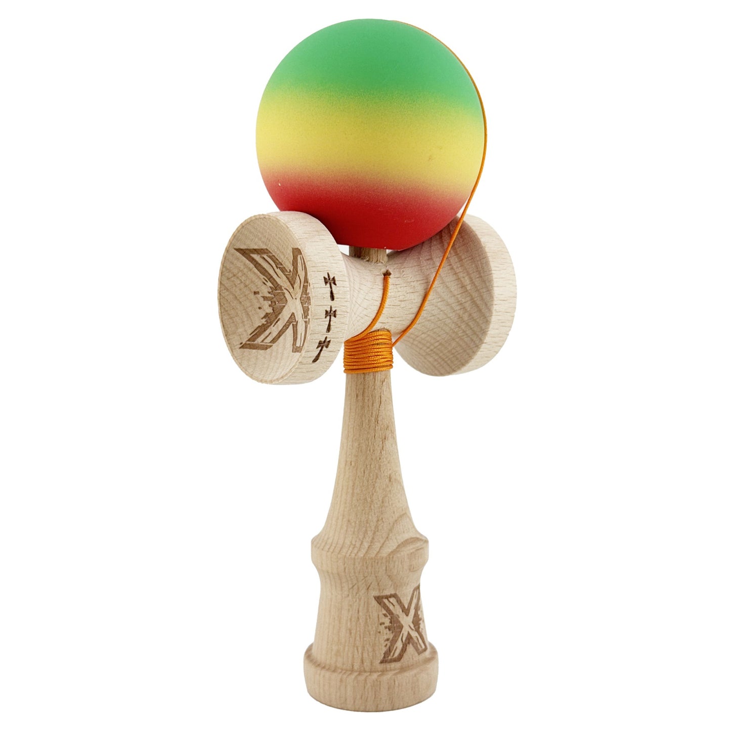 Kendama X Originala, Profesionala, Klevo, Big Cups V2, Rubber Grip cu Cupe Mari, Rulment Metalic cu Ata 55 cm, Verde/Galben/Rosu