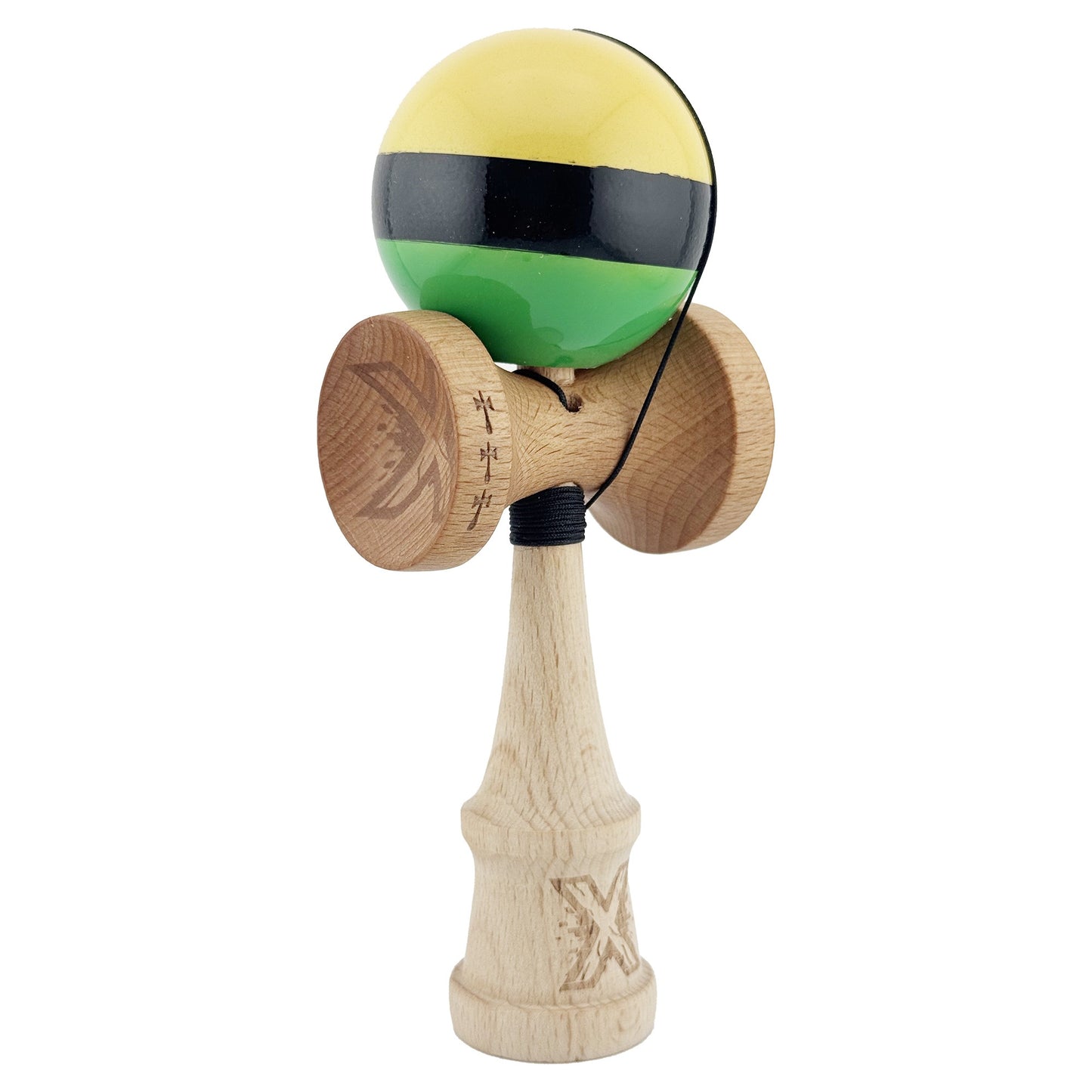 Kendama X Originala, Profesionala, Klevo, Big Cups V2, Super Sticky cu Cupe Mari, din lemn 18 cm, Rulment Metalic cu Ata 55 cm, Galben/Negru/Verde