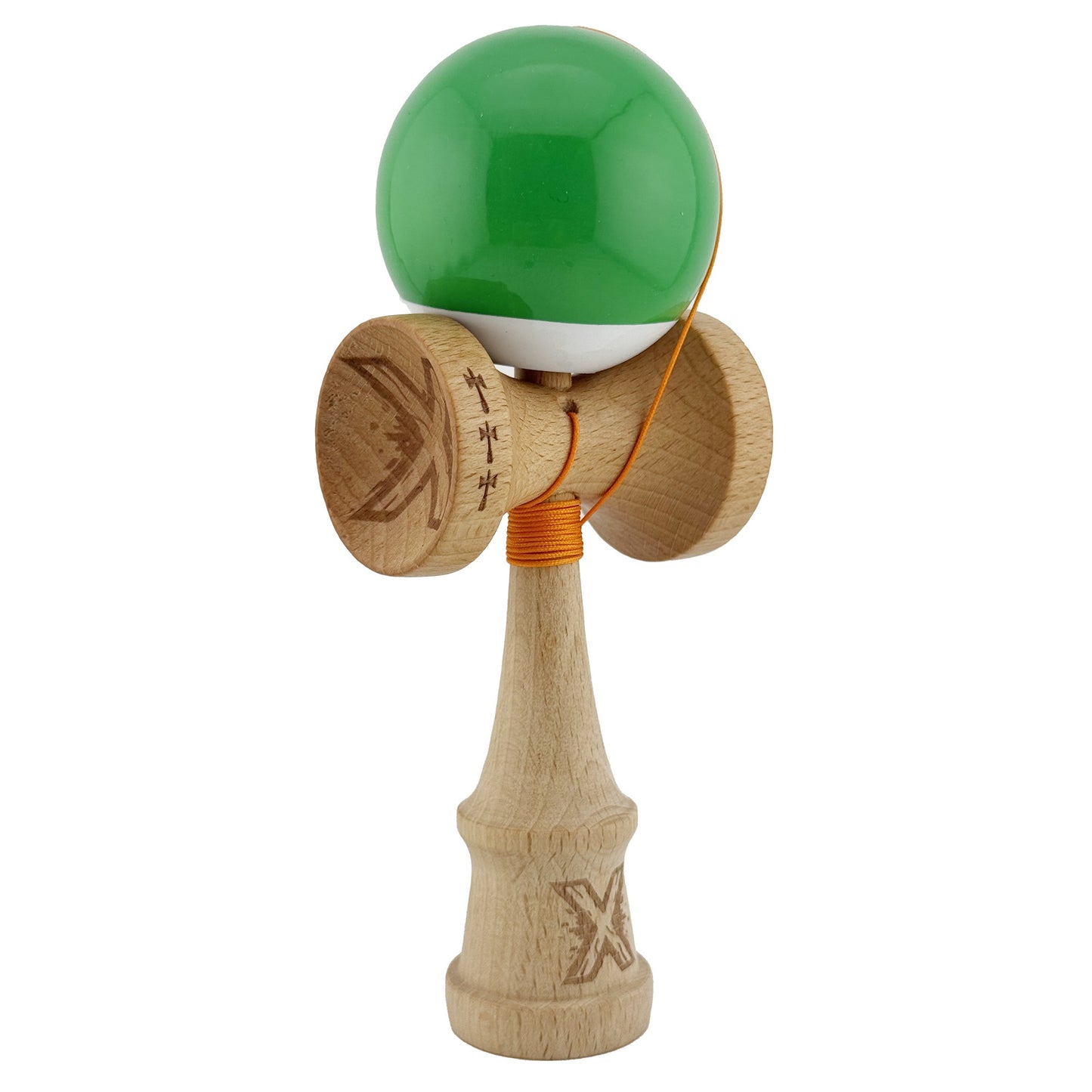 Kendama X Originala, Profesionala, Klevo, Big Cups V2, Super Sticky cu Cupe Mari, din lemn 18 cm, Rulment Metalic cu Ata 55 cm, Verde/Alb