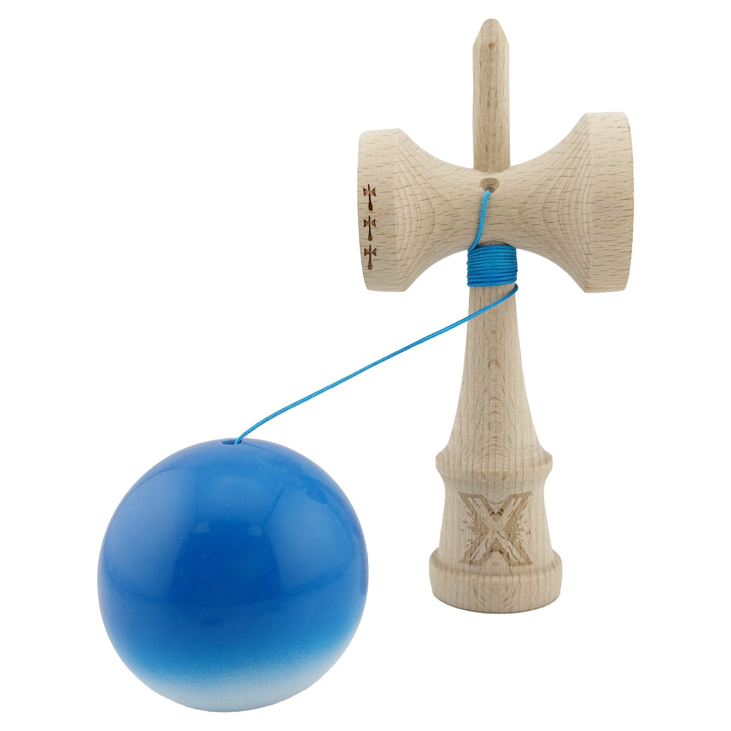 Kendama X Originala, Profesionala, Klevo, Big Cups V2, Super Sticky cu Cupe Mari, din lemn 18 cm, Rulment Metalic cu Ata 55 cm, Albastru/Alb
