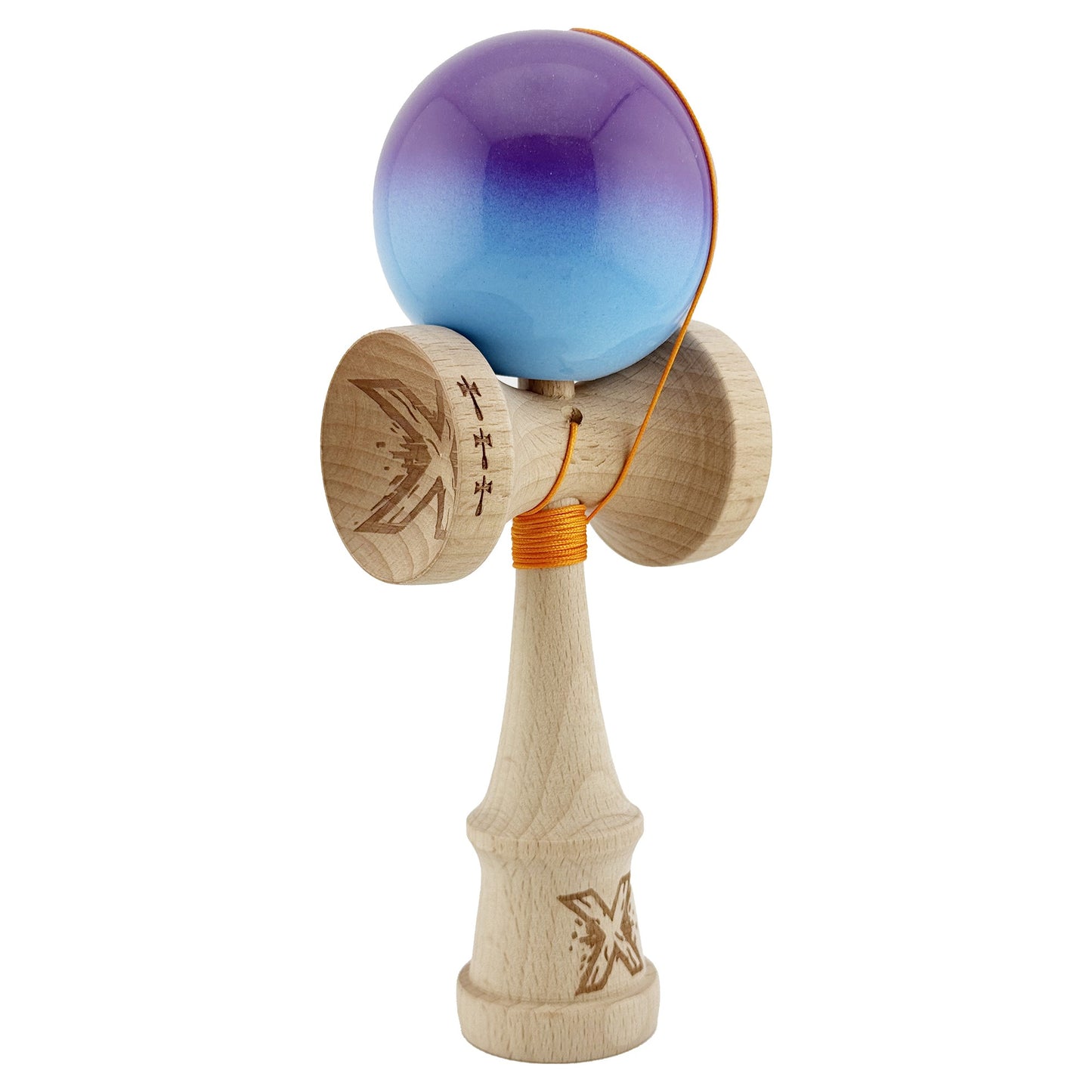 Kendama X Originala, Profesionala, Klevo, Big Cups V2, Super Sticky cu Cupe Mari, din lemn 18 cm, Rulment Metalic cu Ata 55 cm, Mov/Albastru