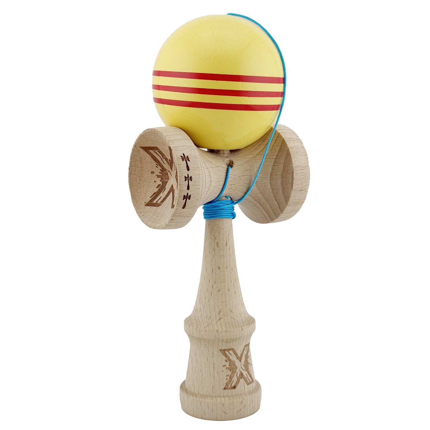 Kendama X Originala, Profesionala, Klevo, Big Cups V2, Super Sticky Legendary Cupe Mari, Rulment Metalic cu Ata 55 cm, Galben/Linii Rosii