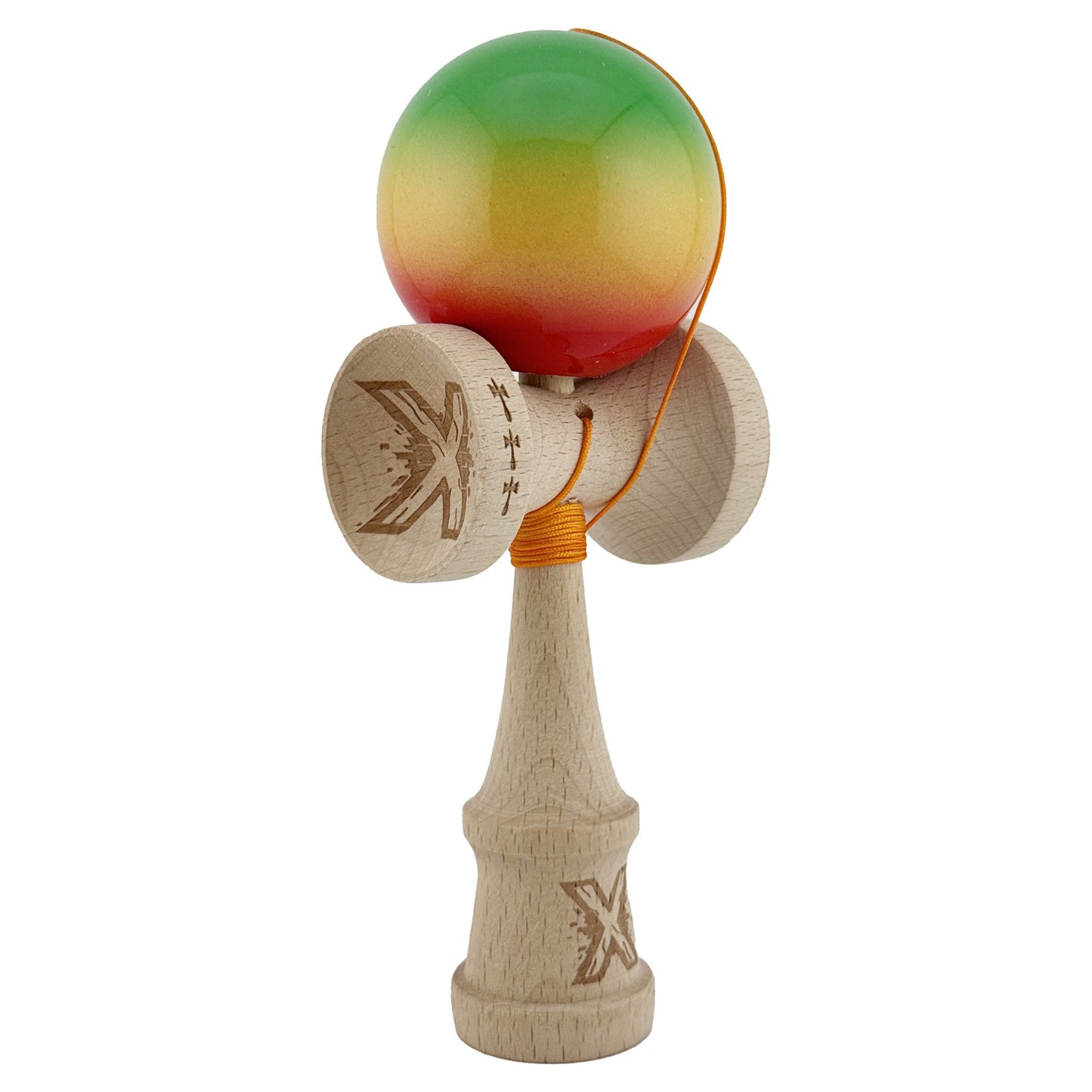 Kendama X Originala, Profesionala, Klevo, Big Cups V2, Super Sticky Cupe Mari, Rulment Metalic cu Ata 55 cm, Verde/Galben/Rosu