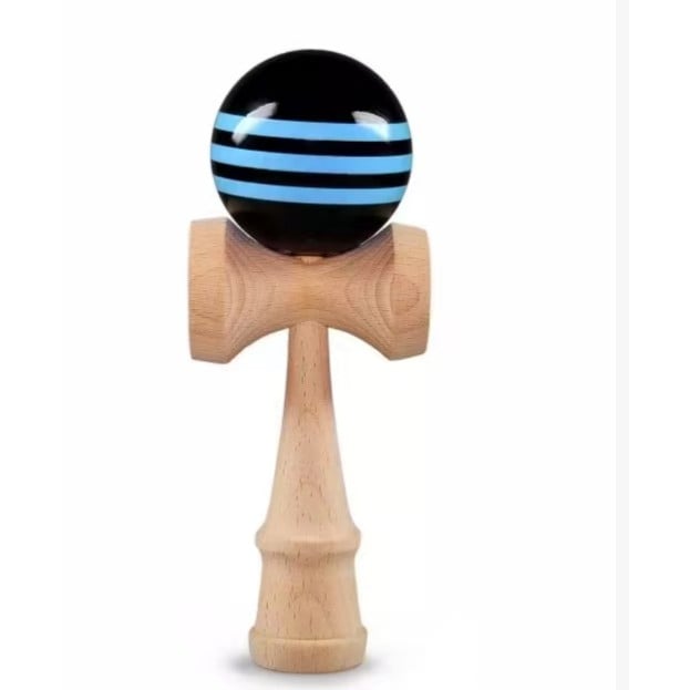 Kendama X Originala, Profesionala, Klevo, Big Cups V2, Super Sticky Legendary Cupe Mari, Rulment Metalic cu Ata 55 cm, Negru/Linii Albastre deschise