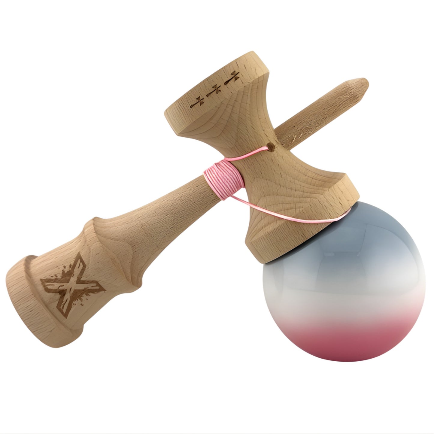 Kendama X Originala, Profesionala, Klevo, Big Cups V2, Super Sticky Cupe Mari, Rulment Metalic cu Ata 55 cm, Gradient Roz/Alb/Gri
