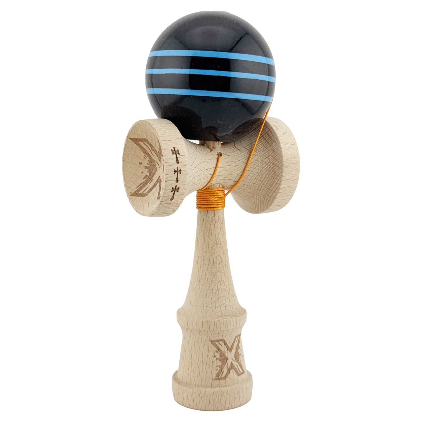 Kendama X Originala, Profesionala, Klevo, Big Cups V2, Super Sticky Legendary Cupe Mari, Rulment Metalic cu Ata 55 cm, Negru/Linii Albastre deschise