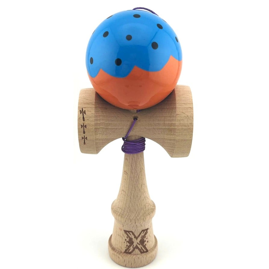 Kendama X Originala, Profesionala, Klevo, Big Cups V2, Super Sticky cu Cupe Mari, din lemn 18 cm, Rulment Metalic cu Ata 55 cm, Albastru/Portocaliu