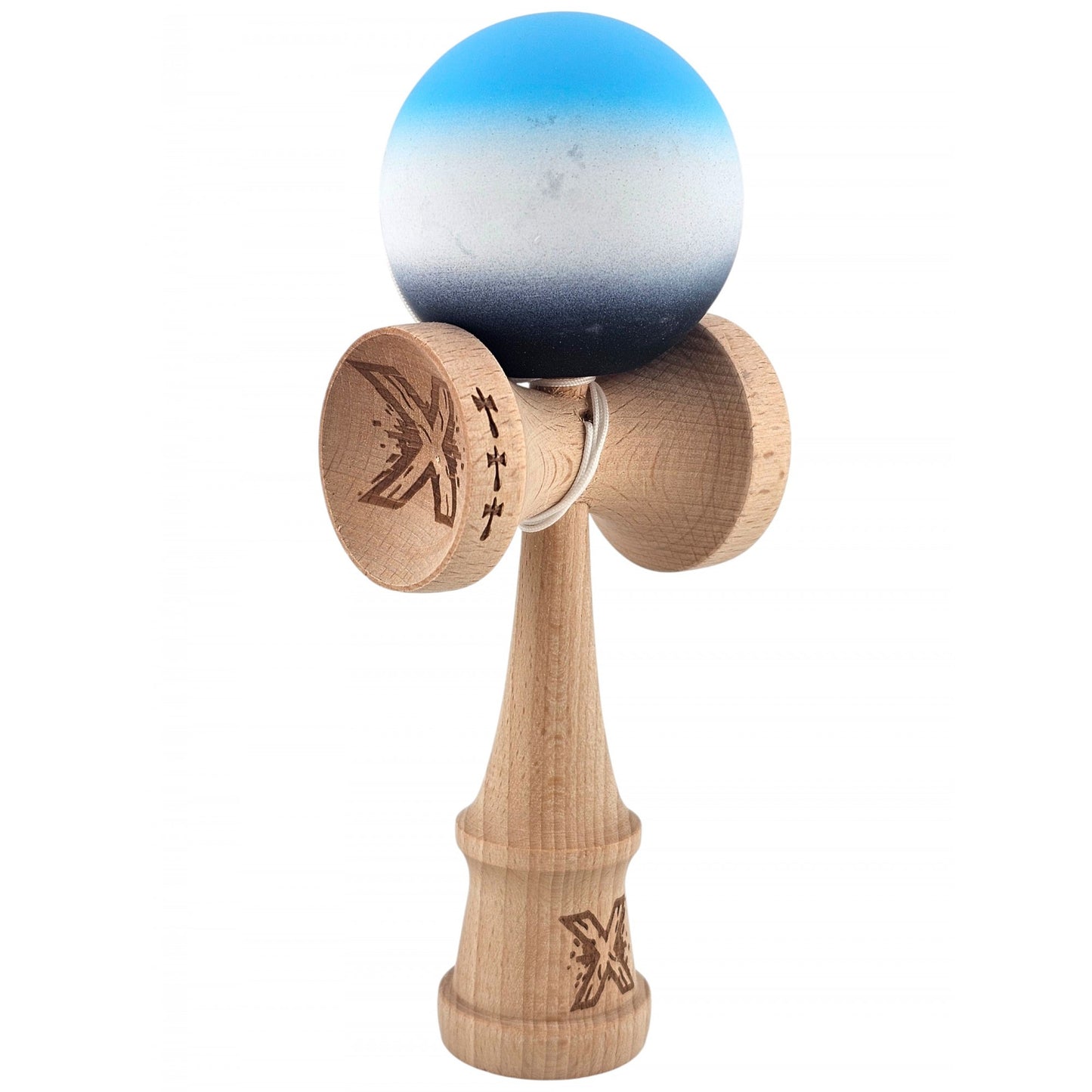 Kendama X Originala, Profesionala, Klevo, Big Cups V2, Rubber Grip cu Cupe Mari, Rulment Metalic cu Ata 55 cm, Gradient Albastru/Alb/Negru