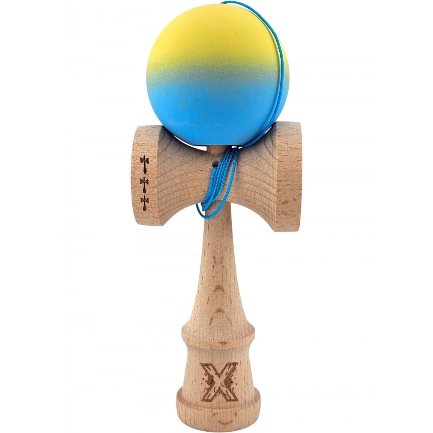 Kendama X Originala, Profesionala, Klevo, Big Cups V2, Rubber Grip cu Cupe Mari, Rulment Metalic cu Ata 55 cm, Gradient Galben/Albastru