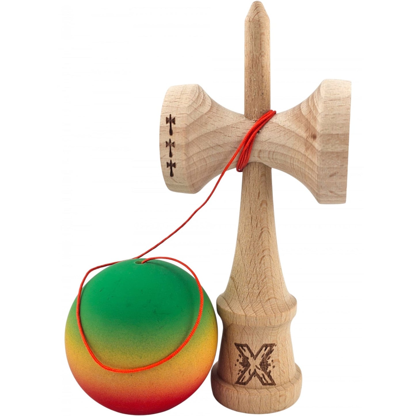 Kendama X Originala, Profesionala, Klevo, Big Cups V2, Rubber Grip cu Cupe Mari, Rulment Metalic cu Ata 55 cm, Verde/Galben/Rosu