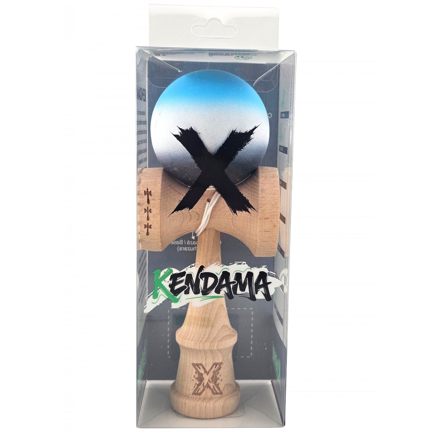 Kendama X Originala, Profesionala, Klevo, Big Cups V2, Rubber Grip cu Cupe Mari, Rulment Metalic cu Ata 55 cm, Gradient Albastru/Alb/Negru