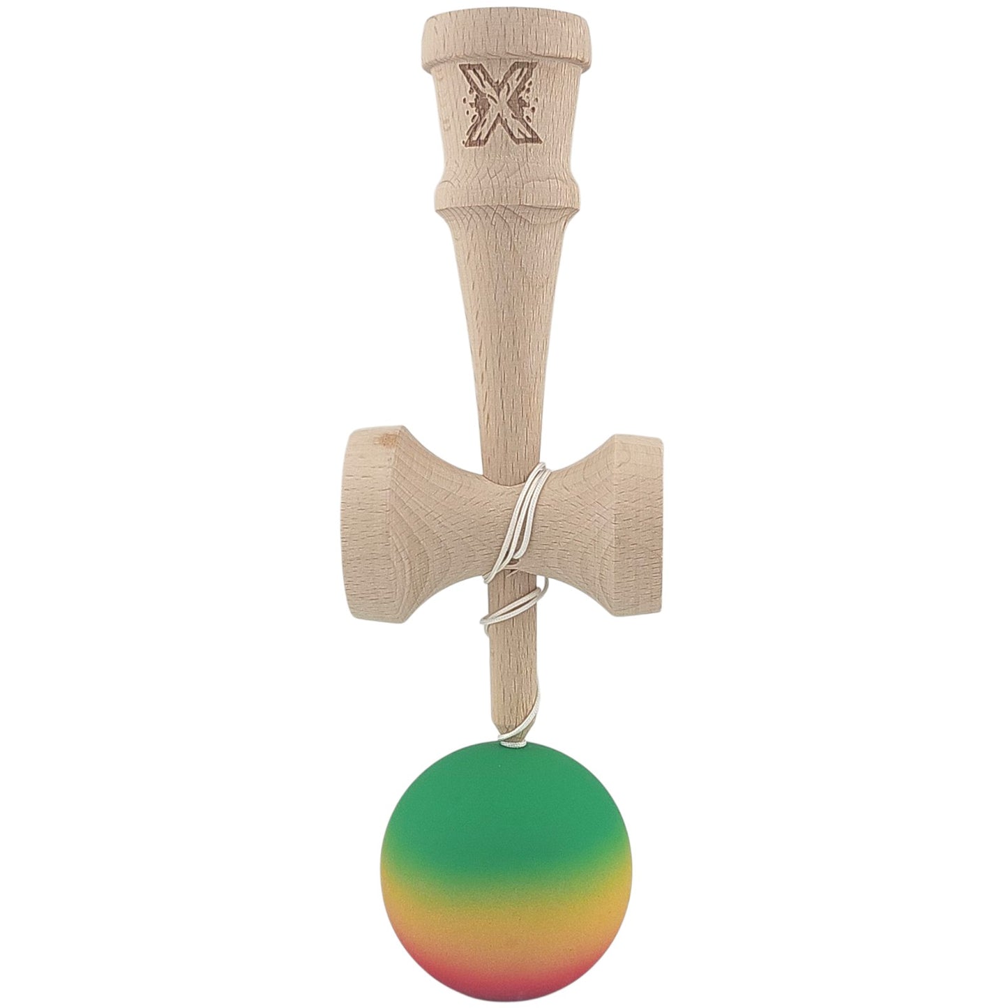 Kendama X Originala, Profesionala, Klevo, din Lemn, Rubber Grip, 18 cm, Gradient Verde/Galben/Rosu