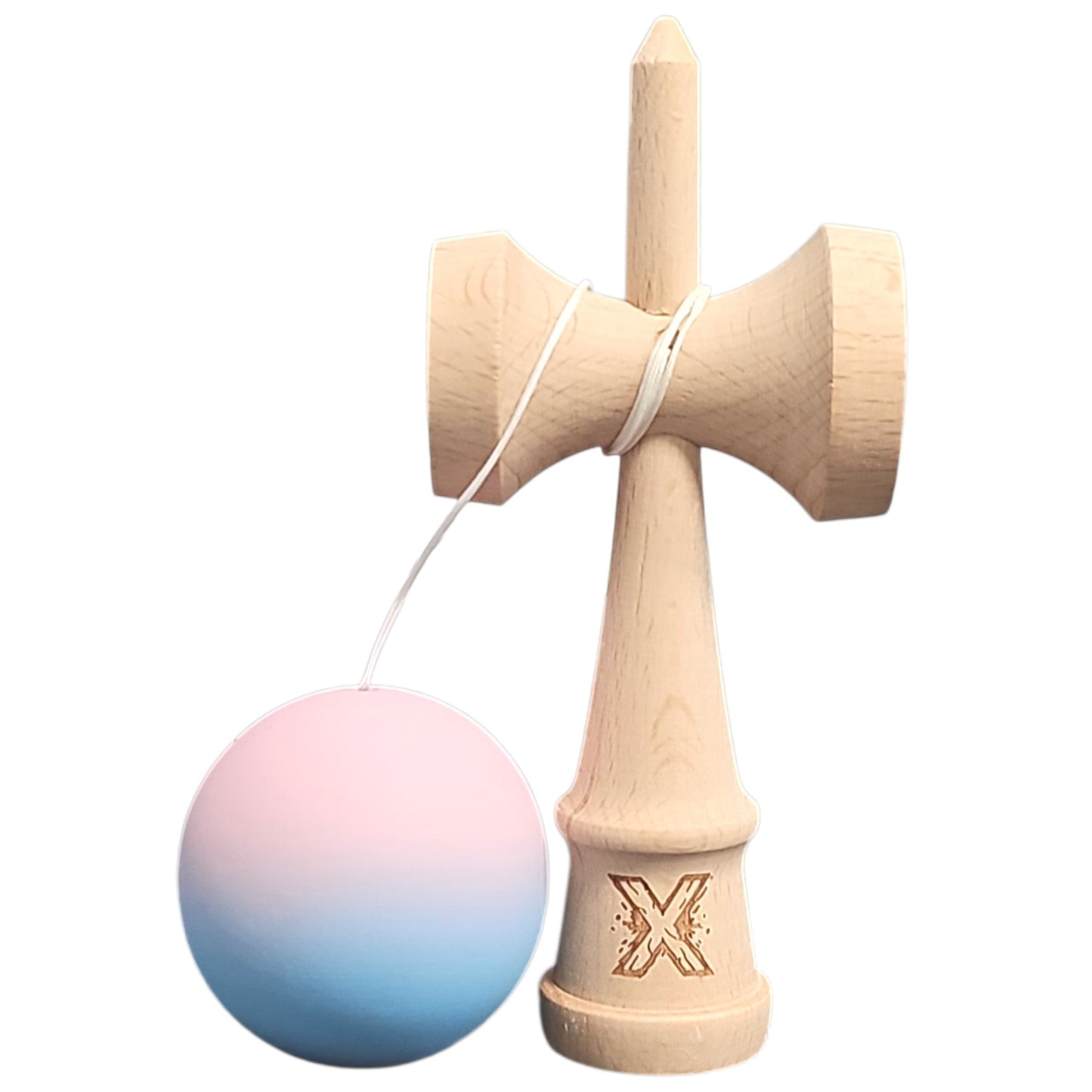 Kendama X Originala, Profesionala, Klevo, din Lemn, Rubber Grip, 18 cm, Lila/Turcoaz