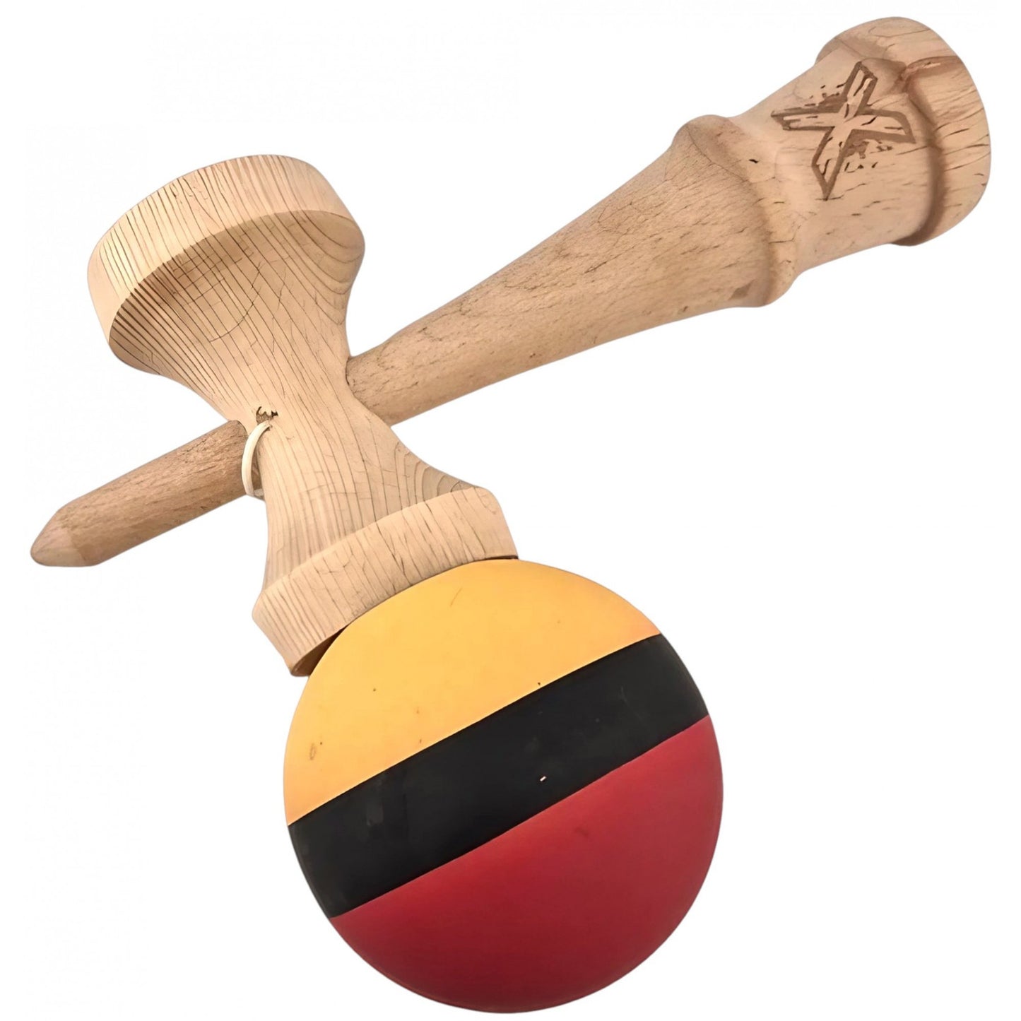 Kendama X Originala, Profesionala, Klevo, din Lemn, Rubber Grip, 18 cm, Rosu/Negru/Galben