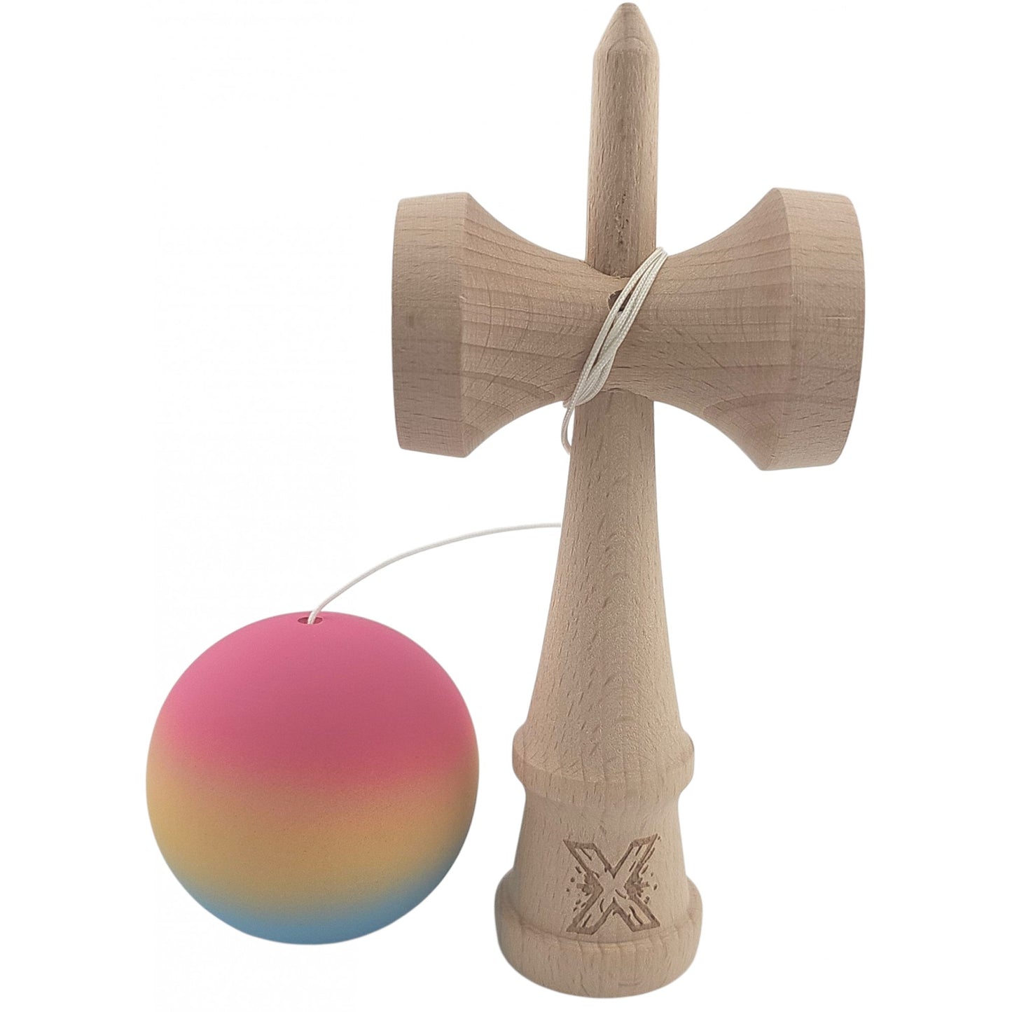 Kendama X Originala, Profesionala, Klevo, din Lemn, Rubber Grip, 18 cm, Roz/Galben/Albastru