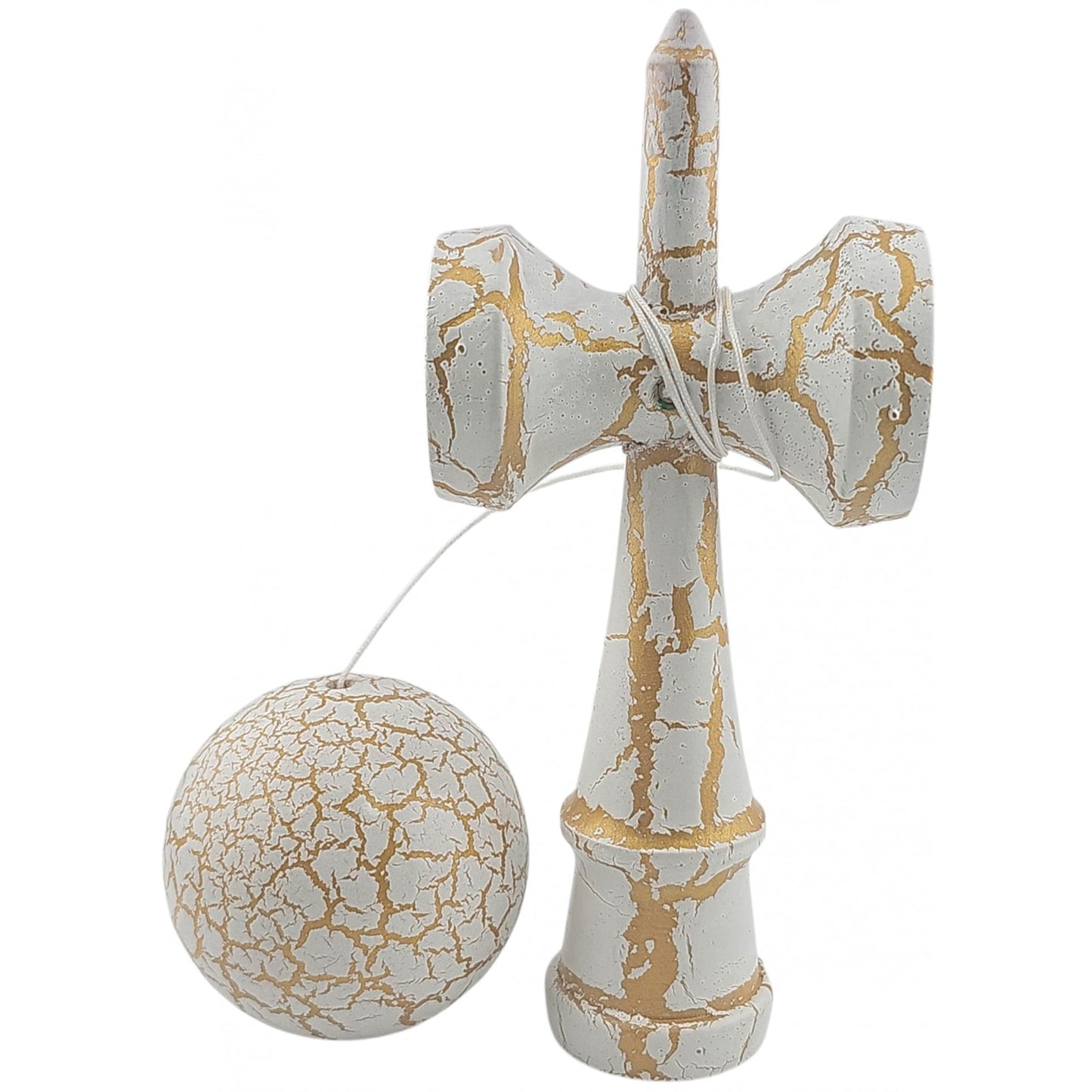 Kendama X Originala, Profesionala, Klevo, Kendama Cracked, din Lemn – 18 cm, Alb/Galben