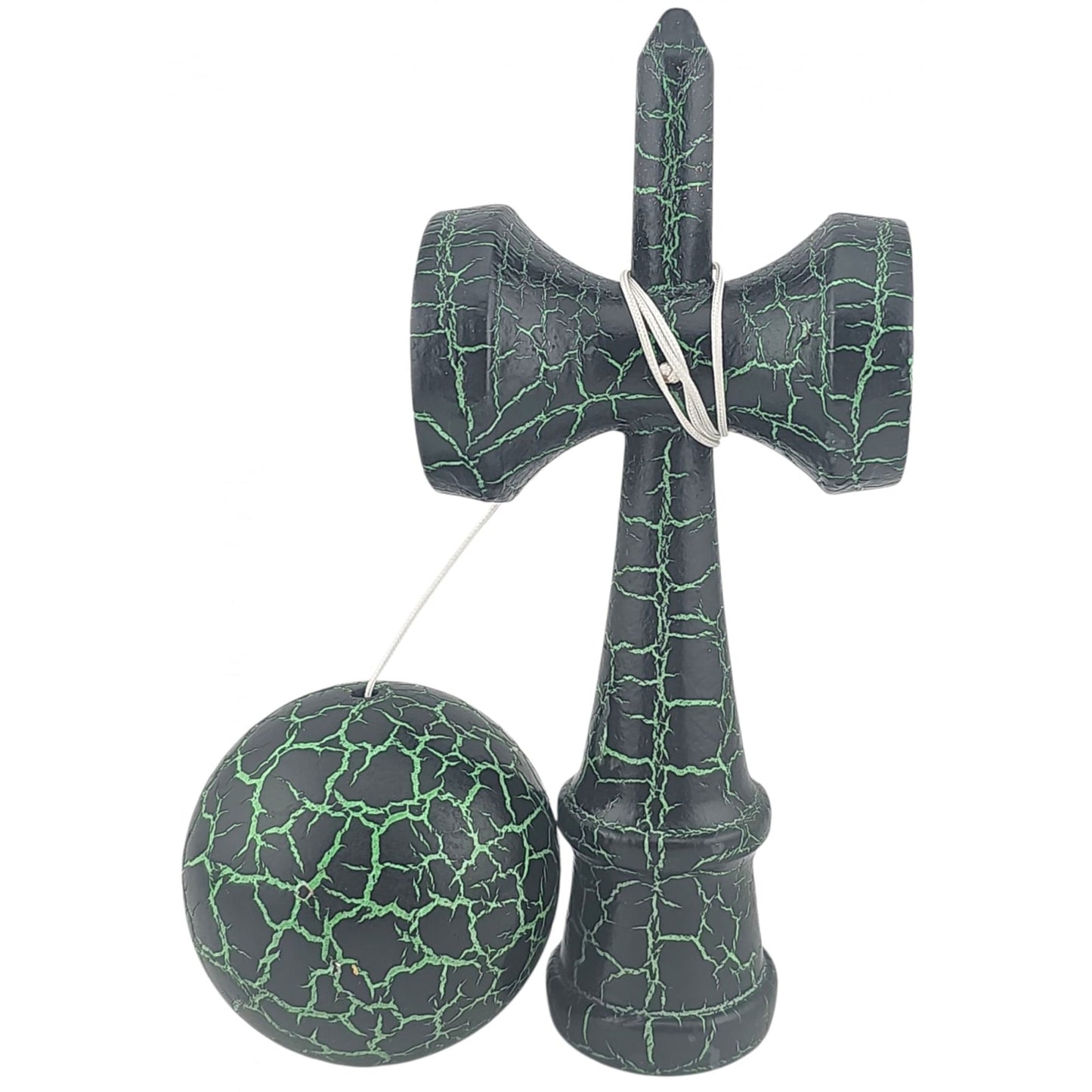 Kendama X Originala, Profesionala, Klevo, Kendama Cracked, din Lemn – 18 cm, Crack Negru/Verde