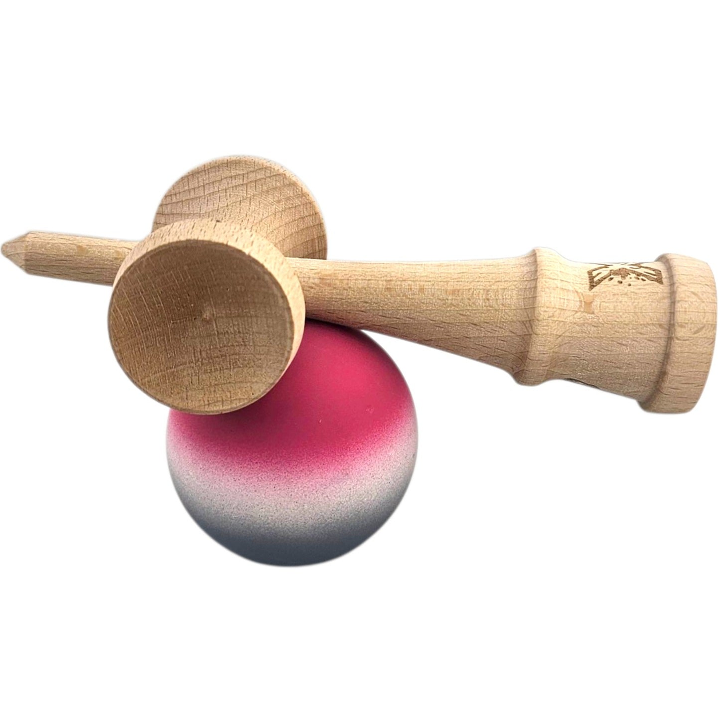 Jucarie Interactiva Kendama X Profesionala, Klevo, din Lemn, Rubber Grip, 18 cm, Roz/Alb/Gri