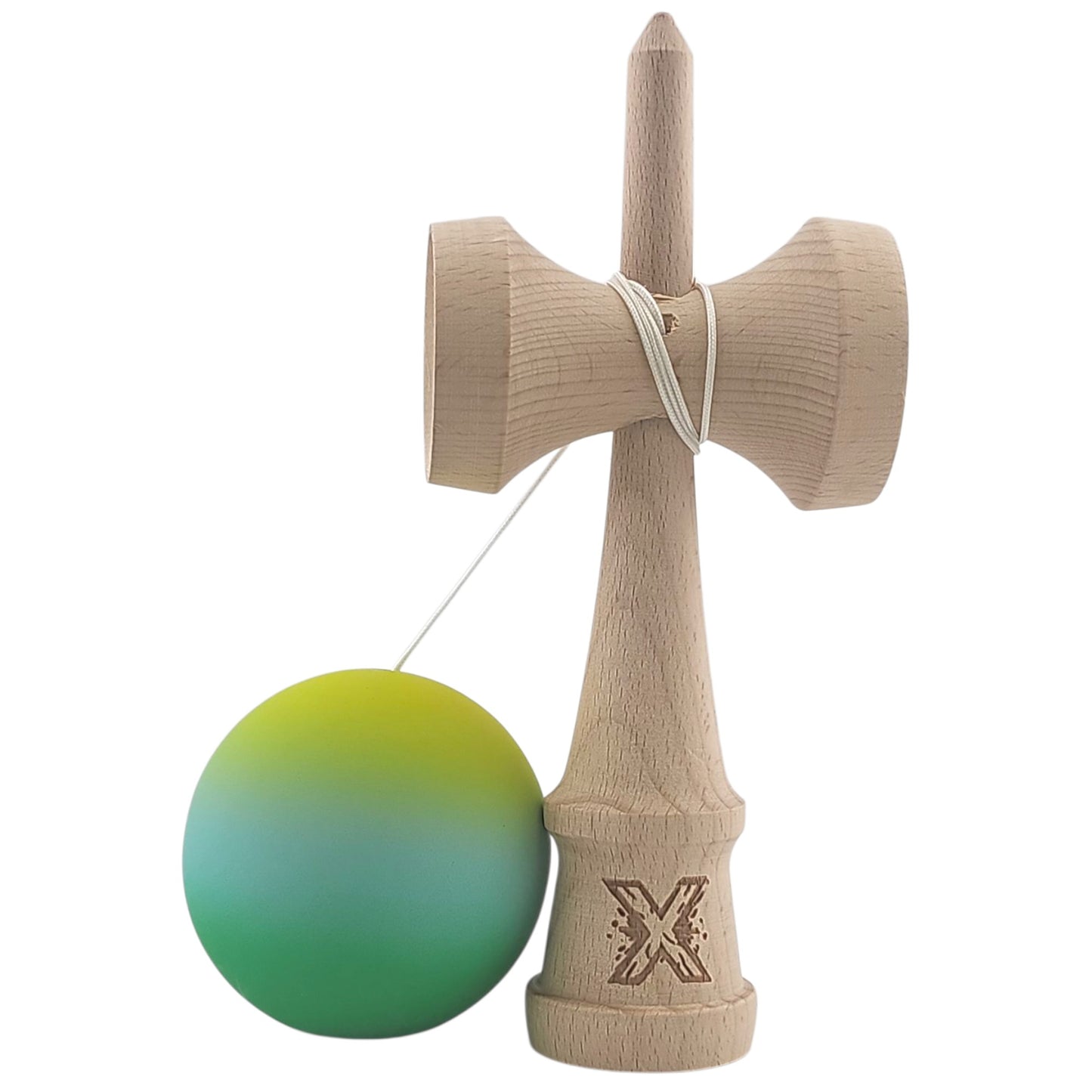 Kendama X Originala, Profesionala, Klevo, Rubber Grip, din Lemn, 18 cm, Galben/Albastru/Verde