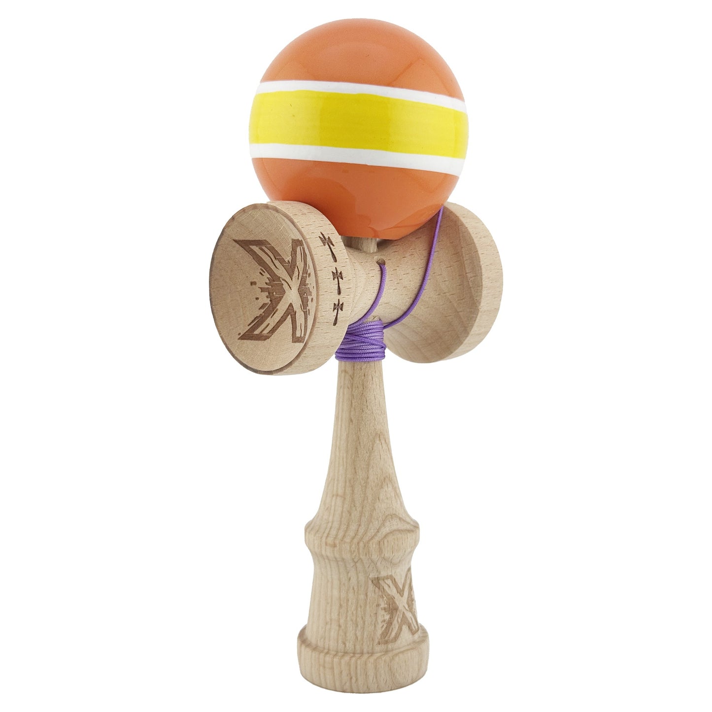 Kendama X Originala, Profesionala, Klevo, Big Cups V2, Super Sticky Legendary Cupe Mari, Rulment Metalic cu Ata 55 cm, Portocaliu/Galben/Alb