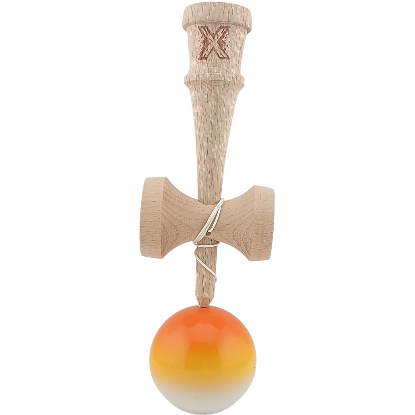 Kendama X Originala, Profesionala, Klevo, Super Sticky din Lemn, 18 cm, Gradient Portocaliu/Galben/Alb