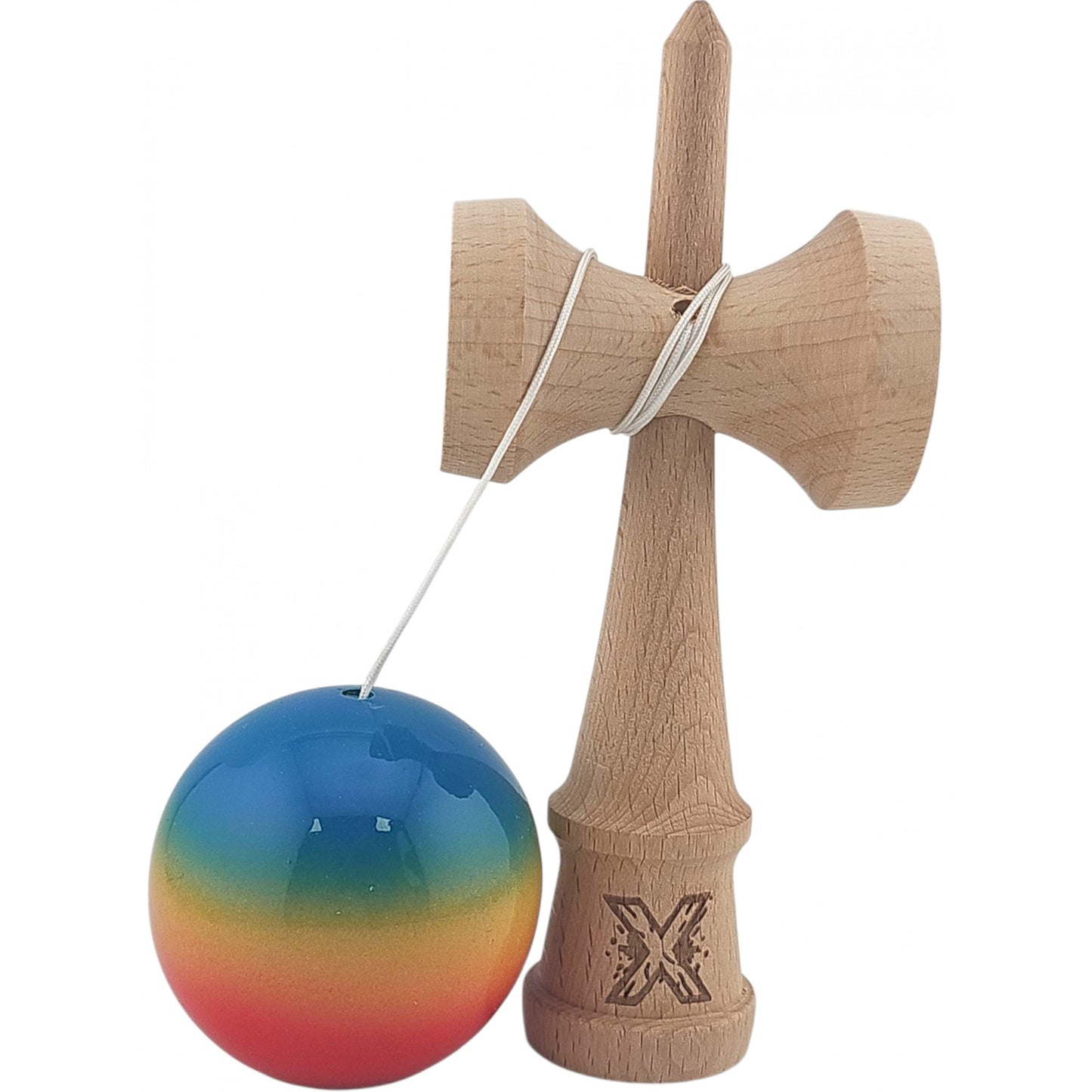 Kendama X Originala, Profesionala, Klevo, Super Sticky din Lemn, 18 cm, Gradient Rosu/Galben/Albastru