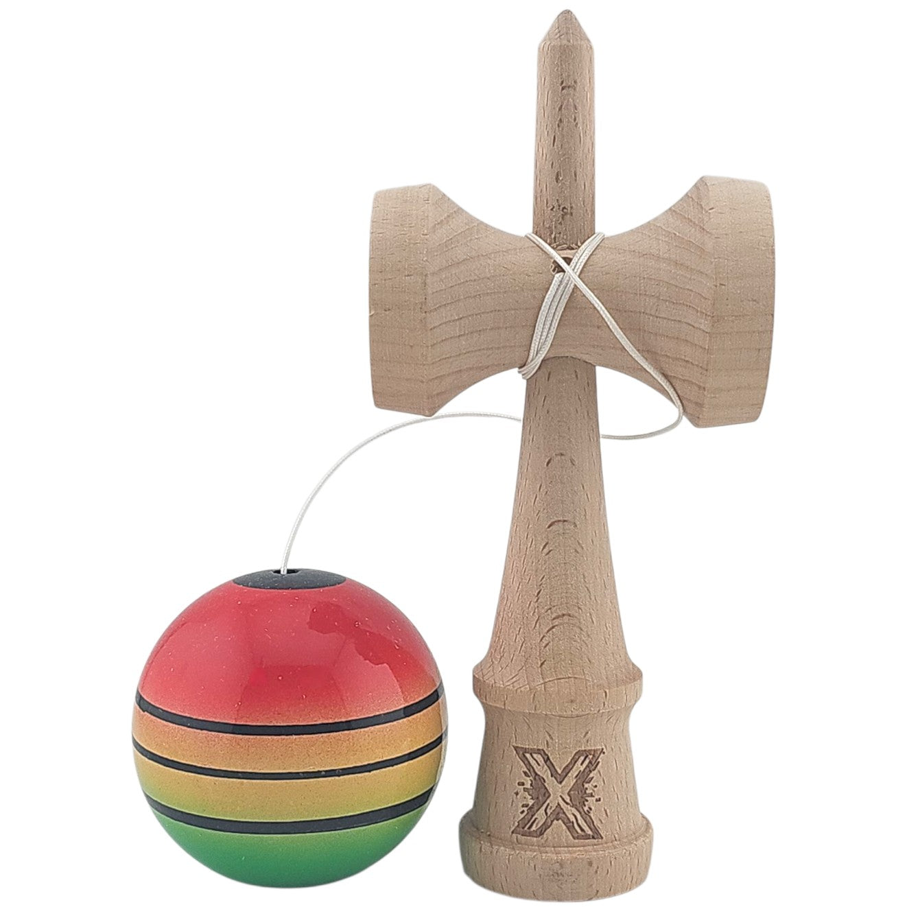 Kendama X Originala, Profesionala, Klevo, Super Sticky, din Lemn, 18 cm, Gradient Rosu/Galben/Verde