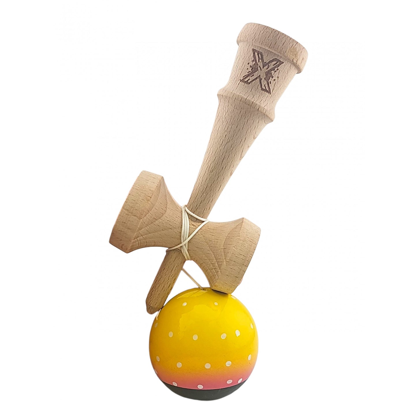Kendama X Originala, Profesionala, Klevo, din Lemn, Super Sticky, 18 cm, Galben/Roz/Negru