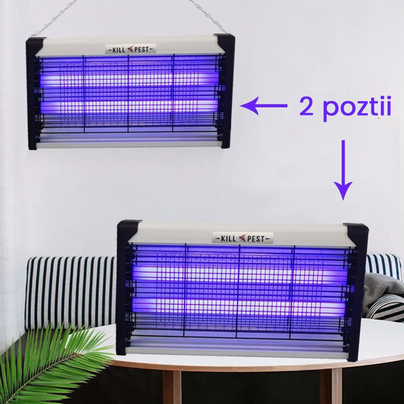 Lampa Electrica Anti Insecte, Klevo, Lumina Neon, 2 tuburi cu putere de 30W, Suspensie Perete, Carcasa din Plastic Metalica, 49 x 25 x 6 cm, Alb Negru