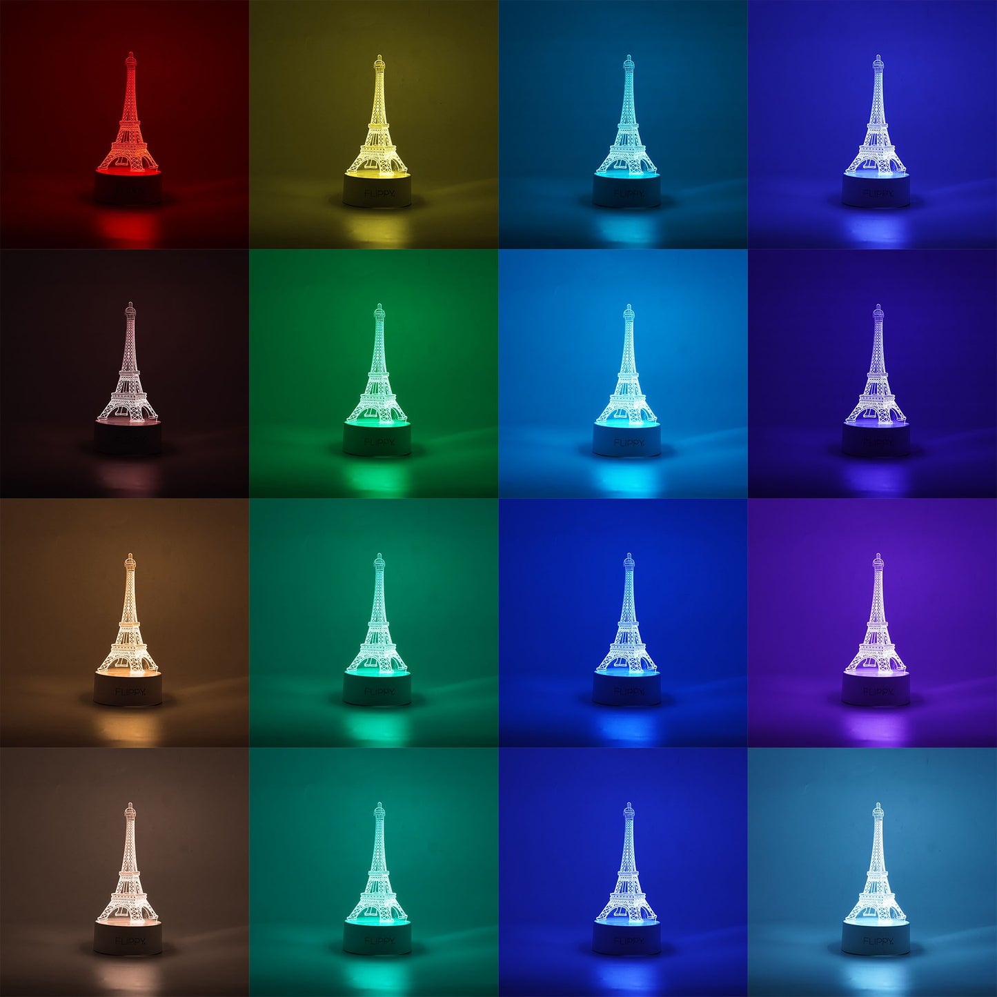 Lampa LED decorativa, Klevo, 3D, Turnul Eiffel, din material acril si lumina multicolora, alb
