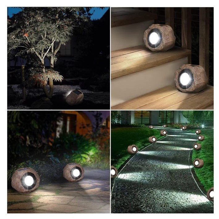 Lampa solara LED decorativa pentru gradina Klevo, imitatie piatra, lumina puternica 4 LED-uri, 12 x 15 cm, material ABS, baterie Ni-MH, 600 mAh, panou solar 2V, lumina alb rece, gri