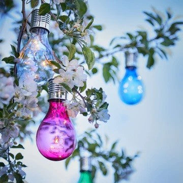 Lampa Solara LED Decorativa sub forma de Bulb, pentru exterior, suspendata, IP65, Ultron Rosu, Klevo