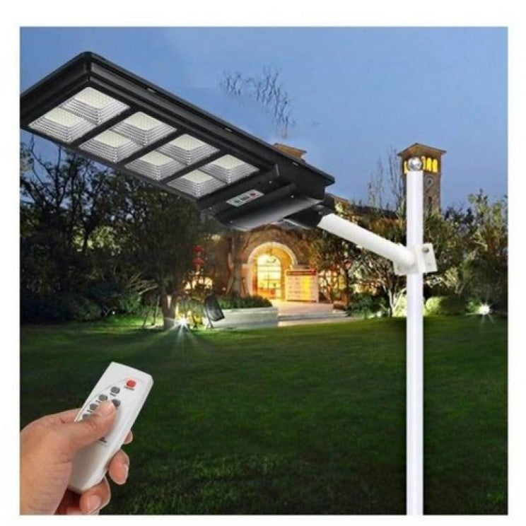 Lampa solara stradala Klevo, cu telecomanda, senzor de miscare si lumina, suport prindere, 225 LED-uri, IP65, ABS, 15AH, 300W, temperatura culoare 6500K, 69.5x24.3x6.8 cm, autonomie 10-12 ore, negru