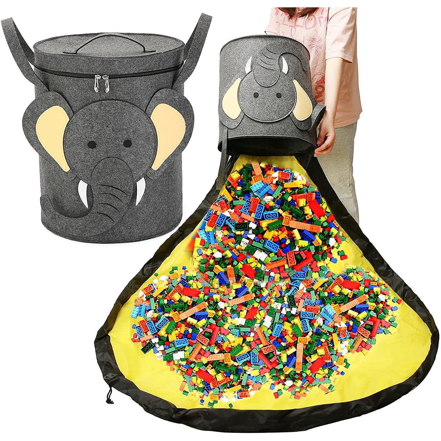 Cutie de Depozitare 2In1, Klevo, Impermeabila, Covor pentru Jucarii si Lego 150cm, Capacitate Mare, cu Manere, cu Sfori, Inaltime 40cm, Model Elefan, Gri